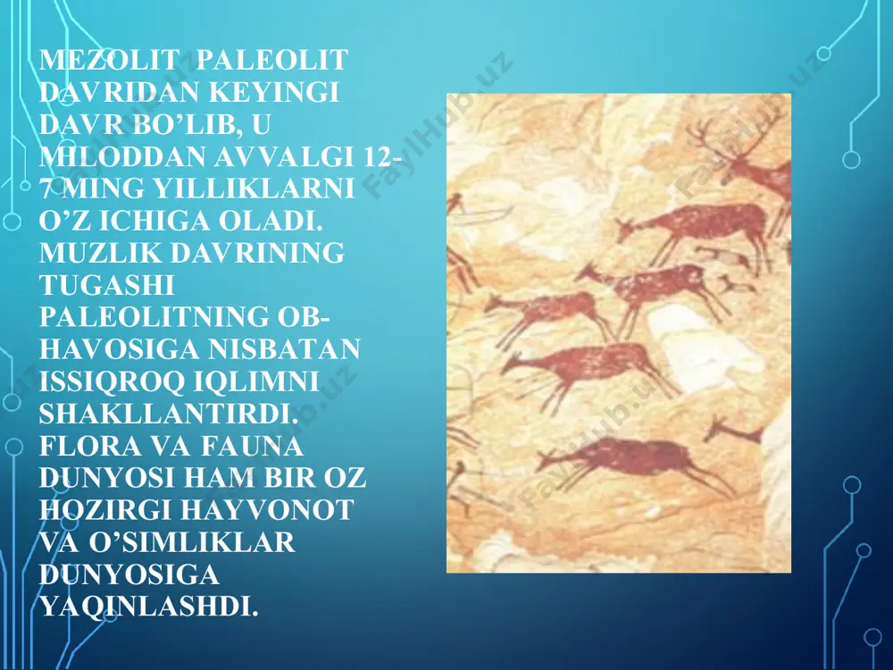 baliqchilik, ovchilik va termachilikdan iborat bo’lgan. adabiyotlar: karimov i.a. yuksak ma’naviyat – yengilmas kuch. – t., 2008. karimov i.a. tarixiy xotirasiz kelajak yo’q. – t., 1998. annayev t., tilovov b., xudoyberdiyev sh. boysun arxeologik yodgorliklari. – t., 1999. kabirov j., sagdullayev a. o'rta osiyo arxeologiyasi. – т., 1990. sagdullayev a. qadimgi o’rta osiyo tarixi. – t., 2004. egamberdiyeva n. arxeologiya. – t., 2011. авдусин д.а. основы археологии. – м., 1989. амальрик а.с., монгайт а.л. что такое археология. – м., 1966. амальрик а.с., монгайт а.л. в поисках исчезнувших цивилизаций. м., наука, 1966. археологи рассказывают. таджикгосиздат. – сталинабад, 1959. древние цивилизации. – м., мысль, 1989. исламов у.и. пещера мачай. – т., 1975. исламов у.и. обиширская культура. – т., 1980. исламов у.и. культура каменного века центральной ферганы. – т., 1986. каменный век на территории ссср. – м., наука, 1970. мартынов а.и. археология ссср. – м., 1973. мезолит ссср. мезолит средней азии и казахстана …