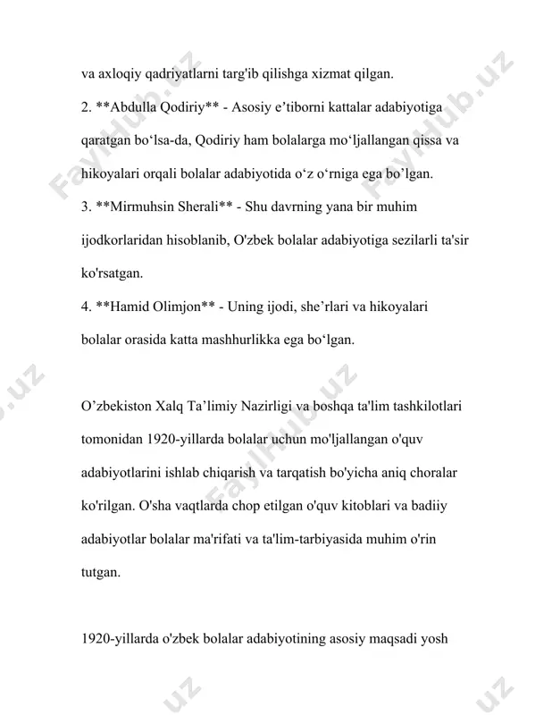 ka undadi. 7. **fantastika va ijodiy tasavvur**: fantastik janrdagi asarlar bolalar adabiyotida yangi ufqlarni ochishga xizmat qildi. bolalarga ijodiy tasavvur, orzu-havasni rivojlantirish, ularni yangicha dunyoqarash va kashfiyotlarga chorlaydi. fantastika orqali mualliflar bolalarning faylasufona o‘ylarini rivojlantirishga harakat qildilar. shuni ta’kidlash kerakki, 20-yillarda bolalar adabiyotining mazmun va shakl jihatidan boyib borishi mualliflarning ijodiy ishtiyoqi va o‘z davrining talablariga mos ravishda asarlar yaratishiga bog‘liq edi. shu bilan birga, bosma matbuot va kitoblarning tarqalishi, maktablar va kutubxonalar tarmog‘ining rivojlanishi ham bolalar adabiyotining ommalashishiga katta hissa qo‘shdi. 20-yillarning bolalar adabiyotida e’lon qilingan ko‘plab asarlar hali ham o‘z ahamiyatini yo‘qotmagan holda bolalar tarbiyasida muhim o‘rin egallab kelmoqda. 3. 20-30-yillar o'zbek bolalar she'riyati 1920-30-yillar o'zbek bolalar she'riyati davri o'zbekiston adabiyoti va madaniy hayotida muhim ahamiyatga ega. bu davrda ko'plab istiqlol, yangilanish va ta'lim sohasidagi o'zgarishlar fonida bolalar adabiyotiga e'tibor qaratildi. o'sha davrda o'zbekiston bolalar adabiyoti asosan didaktik yo'nalishda rivojlandi. o'qituvchilar va adiblar yosh avlodni tarbiyalash va ularga …
