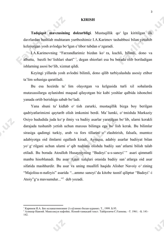 viloyati abu ali ibn sino nomidagi axborot markazining elektron kutubxonasi sharq fondi katalogida 99/1 raqamli qo‘lyozma haqida ma’lumot bor . asar bir nechta tilga tarjima qilingan. bular r. musulmonqulovning 1974 yilda dushanbeda (“irfon” nashriyoti) nashr qilingan tojikcha va a. rustamovning 1981 yil toshkentda nashr qilingan o‘zbekcha tarjimalaridir. adabiyotshunoslikda mazkur asar va uning tarjimalari haqida ayrim maqolalar e’lon qilingan. lekin atoulloh husayniyning “badoyi’u-s-sanoyi’” asarida badiiy san’atlar tasnifi xususida maxsus ilmiy-tadqiqot ishi olib borilmagan. tadqiqotning ilmiy yangiligi. atoulloh husayniyning “badoyi’u-s-sanoyi’” asarida badiiy san’atlar tasnifi tadqiq qilindi. · adabiyotshunoslikda badiiy san’atlar talqini tadqiq qilindi; · she’rshunoslik ilmidagi “balog‘at” tushunchasi o‘rganilib, tahlil qilindi; · ilmi bayon, ilmi ma’oniy va ilmi badi’ tushunchalari o‘rganildi; · asarda keltirilgan ma’naviy, lafziy hamda lafziyu ma’naviy san’atlar alohida o‘rganilib, misollar vositasida sharhlashga, shuningdek, boshqa ilmiy asarlar bilan qiyosiy o‘rganishga harakat qilindi; · “badoyi’u-s-sanoyi’” asarida alohida bob sifatida keltirilgan ma’noga ta’sir qiluvchi ayblar tahlilga tortildi. tadqiqot predmeti va ob’yekti. mazkur …