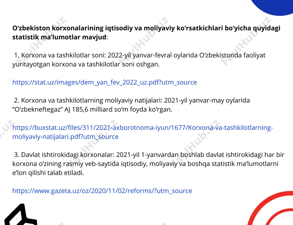 adorligi. iqtisodiy ko‘rsatkichlar tahlili ishlab chiqarish hajmi va samaradorligi korxonaning ishlab chiqarish hajmini va uning o‘sishi dinamikasini tahlil qilish, samaradorlikni oshirish imkoniyatlarini ko‘rib chiqish. ishlab chiqarish jarayonlarining samaradorligi, resurslarning sarflanishi va qoldiqlarni kamaytirish masalalari tahlil qilinadi. bozor ulushi va raqobatchilar tahlili korxonaning bozordagi o‘rnini, ulushini aniqlash va raqobatchilar bilan taqqoslash. rivojlanish tendentsiyalarini tahlil qilish, bozor ulushini kengaytirish va raqobatbardoshlikni oshirish strategiyasini ishlab chiqish. moliyaviy ko‘rsatkichlar tahlili daromad va foyda dinamikasi korxonaning daromad va foyda darajasini tahlil qilish, dinamikasini aniqlash. foyda darajasini oshirish va moliyaviy barqarorlikni ta'minlash choralari o‘rganiladi. xarajatlar tahlili va ularning samaradorligi korxonaning turli xarajat turlarini tahlil qilish, ularning samaradorligini baholash. xarajatlarni kamaytirish, samaradorlikni oshirish va moliyaviy manbalarni tejash imkoniyatlarini topish muhimdir. dolzarb muammolar va ularning sabablari 1 2 3 iqtisodiy resurslarning samarasiz taqsimlanishi resurslarning samarali ishlatilmasligi, ishlab chiqarish jarayonlarida xarajatlarni ko‘payishi, samaradorlikning pastligi. sabablar: planlashning etishmasligi, texnologiya va uskunalar eskirganligi, ishchilarning malakasi pastligi. innovatsiyalarga investitsiya yetishmasligi yangi texnologiyalarni …