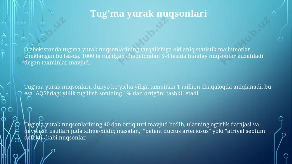 a bu quyqalar o'pkaga ko'chib o'tishi mumkin. kardiomiopatiyalar kardiomiopatiyaning 30% dan ortigʻi genetik omillar bilan bogʻliq boʻlib, dunyoning turli mintaqalarida, jumladan, markaziy osiyo mamlakatlarida ham uchraydi. dil mushaklari kasalliklarining, ya'ni kardiomiopatiyalarining ogʻir shakllari yurak yetishmovchiligi, aritmiya va toʻsatdan yurak oʻlimi kabi asoratlarga olib kelishi mumkin. aqshda oʻtkazilgan tadqiqotlar shuni koʻrsatdiki, 50 yoshdan oshgan aholi orasida kardiomiopatiya turlarini aniqlash va davolashda diagnostika usullarining aniqligi 85% ga yaqinlashgan. klapan kasalliklari aorta klapan yetmovchiligi, 35 yoshdan oshgan ayollarda ko'proq uchraydi va samarqand viloyatida o'tkazilgan tadqiqotlarga ko'ra, bu kasallikning rivojlanishida irsiy omillar muhim rol o'ynaydi. mitral klapan stenozi, o'zbekistonning toshkent shahridagi yetakchi kardiologiya markazlarida tez-tez uchraydigan va muvaffaqiyatli davolanadigan yurak klapan kasalliklaridan biridir. bemorlarning 70% dan ortig'i operatsiyadan keyin yaxshi natijalarga erishadi. o'zbekistonda yurak klapan kasalliklari bilan 2022-yilda 5000 dan ortiq bemor kasallangan, bu kasallikning tarqalish darajasi jahon ko'rsatkichlariga yaqin. davolash usullari, jumladan jarrohlik amaliyotlari, xalqaro standartlarga muvofiq amalga oshiriladi. aritmiya aritmiya turli xil …