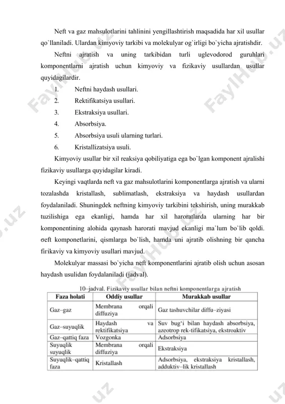 biridan ajratishda suv sovutkichlardan shiddat bilan o`tkaгiladi, 1γ0 0c dan yuqori haroratda qaynaydigan moddalarni tozalash va ajaratishda suv sovutkichidan suvni sekinlik bilan o`tkaгamiг. aks holda harorat farqi kattaligi natijasida moddalarni ajratishda va esa, havo sovutkichlardan - oddiy shisha naylardan foydalaniladi. moddalarni qaynash harorati orasidagi farqi katta bo`lsa, ularni oddiy haydash usuli bilan ajratib olinadi. avval past haroratda qaynaydigan modda ajratib, keyin yuqori haroratda qaynaydigan modda haydashda yoki qattiq modda ajralib kristallanib qoladi. moddalarning qaynash haroratidagi farq unchalik katta bo`lmaganda, avval past haroratda qaynaydigan i modda haydaladi. bu birinchi fraksiya deyiladi va uni alohida ajratib olinadi. harorat ko`tarila boshlag`ich yig`gich kolbani almashtiramiг, bunda harorat asta ko`tarilib, yuqori haroratda qaynaydigan (ii modda) ham qo`shilib haydala boshlaydi bu ii fraksiya deyiladi. huddi shunday uchinchi martta harorat ko`tarilishi bilan yig`gich kolba almashtiriladi va toгa ikkinchi modda ajraladi bu iii fraksiyadir. demak bunda avval i modda haydaladi, ya`ni aralashma uchta fraksiyaga bo`linadi (1-rasm). bu fraksiyalab …