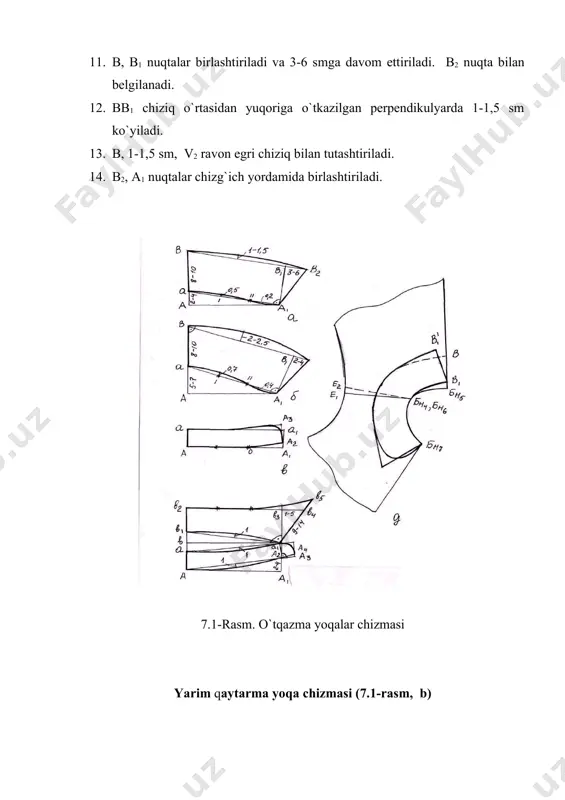 a4 nuqtalar ravon egri chiziq bilan birlashtiriladi. 9. aa = 3-4 sm (tik yoqa kengligi). 10. aa2 chiziqqa a2a1 perpendikulyar o`tkazilib, unga 2,5-3 sm qiymat qo`yiladi. 11. a, a1 nuqtalar chizg`ich yordamida birlashtiriladi, o`rtasini aniqlanib, pastga o`tkazilgan perpendikulyarda 1 sm qo`yiladi. 12. a, 1 sm, a1 nuqtalar ravon egri chiziq bilan, a1, 0,5 sm esa ravon aylana chiziq bilan birlashtiriladi. 13. a1 nuqtadan aa yoqaning o`rta chizig`iga perpendikulyar chiziq o`tkaziladi va ularning kesishgan nuqtasiga v qo`yiladi. 14. av = vv1 (yordamchi nuqta). 15. в1, a1 nuqtalar chizg`ich yordamida birlashtiriladi, o`rtasidan yuqoriga o`tkazilgan perpendikulyarda 1 sm qo`yiladi. 16. в1, 1 sm, a1 nuqtalar ravon egri chiziq bilan birlashtiriladi. 17. в1в2 = 4-5 sm (yoqa kengligi). 18. a1 nuqtadan perpendikulyar bilan, v2 nuqtadan chiqqan gorizontal chiziqlarning kesishgan nuqtasiga v3 qo`yiladi. 19. в3в4 = 1-5 sm (yoqa uchi). 20. a1в5 = 9-14 sm (yoqa uchi). 21. в2в3 = chiziq 3 ga bo`linib, bir …