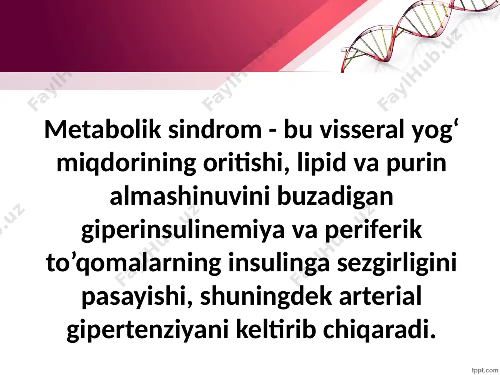 ziy semizlik “metabolik sindrom” ining asosiy patogenek asosi hisoblanadi markaziy semizlik insulinga rezistentlikni keltirib chiqaradi. quyidagi turli faktorlar patogenezda muhim rol o’ynaydi: il-1, il-6, il-18 resistin tnf-alpha crp adiponektin metabolik sindromda yalliglanishga qarshi miqdori kamayadigan sitokin. patogenez davomi insulinni glukozga bog’lanishni buzilishi langergans orolchasining toksik zararlanishi insulinga rezistentlikni oshishi giperglikemiya qd 2-tip insulin rezistentlik ochlik/to’qlikda giperinsulinemiya lpl ta’sirida lipoliz erkin yog’ kislotalarining ortishi patogenez davomi patogenez davomi tekshiruv rejasi antropometriya umumiy qon tahlili qonning bioximik tahlili (xolesterin, glukoza) diagnostika типы массы тела имт (кг/м²) риск сопутствующих заболеваний дефицит массы тела 140/90 mm hg) tg> 1,7 mmol / l ga oshdi erkaklarda zylp xolesterolining 3,0 mmol / l ro'za giperglikemiyasi (ochlik plazmasidagi glyukoza> 6,1 mmol / l) glyukoza tolerantligining buzilishi - glyukoza tolerantlik testidan 2 soat o'tgach> 7,8 va 40 kg / m2 yoki> 35 kg / m2 bilan birga keladigan kasalliklarga chalingan bemorlar uchun ham imkoniyatdir. semizlik qon bosimini qon …