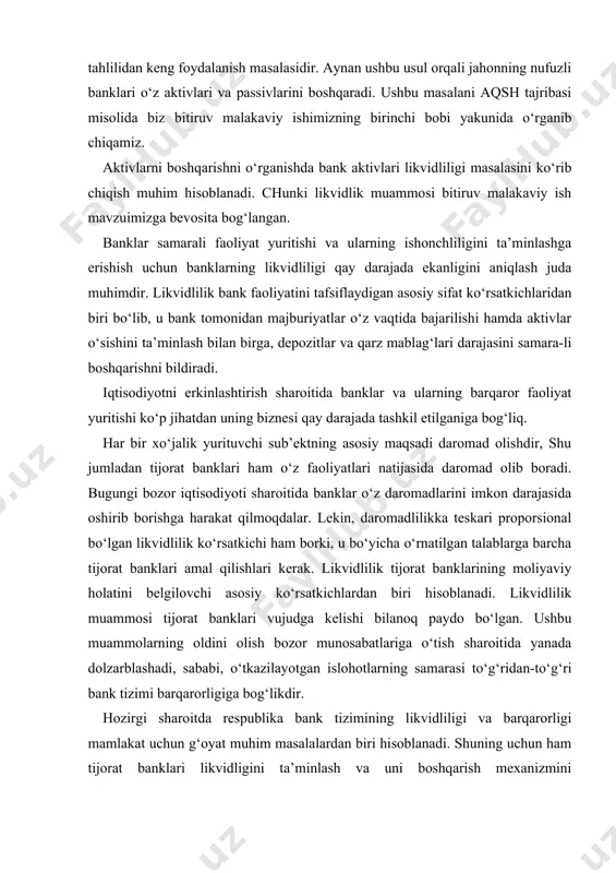 romad nazariyasi; 4. passivlarni boshqarish nazariyasi. iqtisodiyotni modernizatsiyalash sharoitida tijorat banklari resurslarini optimal boshqarish - tijorat banklari daromadlarini oshirishning omili sifatida tijorat banklarining resurs bazalari takomillashtirish va aholi bo‘sh pul mablag‘larini bankalr tamonidan jalb qilish yo‘llari resurslarini mavzusida olib borilgan ilmiy tadqiqot izlanishlar natijasida quyidagi takliflarni keltirib o‘tishni maqsadga muvofiq deb topdik. tijorat banklarining moliyaviy resurslarini muddatlari bo‘yicha diversifikatsiya qilish orqali boshqarishni chuqurroq takomillashtirish, ya’ni, tijorat banklari o‘zlarining moliyaviy resurslarni boshqarish jarayonida, resurslarni daromad keltiruvchi aktivlarga, jalb qilingan muddatlarini e’tiborga olgan holda joylashtirishsa maqsadga muvofiq bo‘ladi. chunki, resurslarni boshqarishda bu omilga e’tibor qaratilishi bankning o‘z majburiyatlarini o‘z vaqtida bajarishiga imkon beradi; resurslarni aktivlarga joylashtira olish imkoniyatiga qarab jalb qilish lozim. bu taklifni berishdan asosiy maqsad shuki, ayrim banklar resurslarni ko‘p miqdorda va yuqori foiz stavkada jalb qilishi natijasida resurslarni aktivlarga joylashtirishga ulgurmaydilar. buning natijasida bank ancha zarar ko‘rish ehtimolidan holi bo‘lmaydi. banklarning daromad olish imkoniyatlarini kengaytirish maqsadida majburiy zahira talablarini …