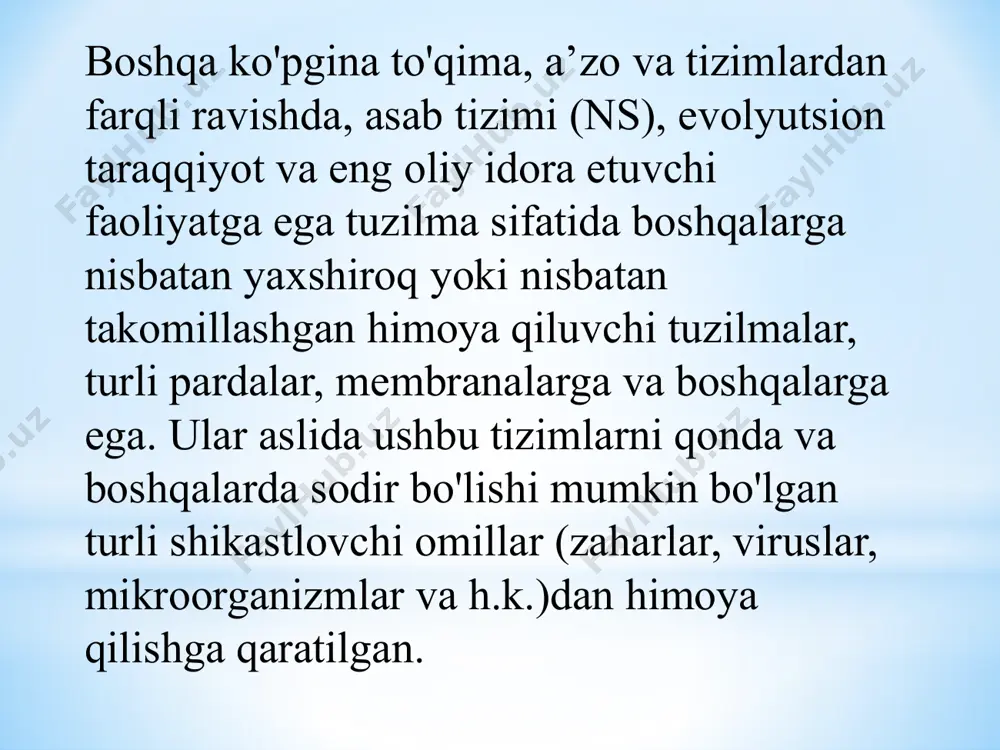 armakologik vositalar ta’sirida ham kuzatiladi. orqa miya shoki. bu orqa miyaning uzilishi natijasida, yuzagakeluvchi, uzilgan joydan pastda amalga oshadigan harakat va vegetativ reflekslarning nihoyatda kuchli (ammo, orqaga qaytishi, ya’ni tiklanishi mumkin bo'lgan) ezilishi (amalda tushib qolishi) bilan xarakterlanadigan holat. reflekslarning ezilishi bosh miya tomonidan faollashtiruvchi ta’sirlarning yo'qolishi bilan bog'liq. bunday holat bir necha yillar davom etishi mumkin. neyron funksiyalarining buzilishlari, qo'zg'alish o'tkazilishining buzilishi. akson buyicha qo'zg'alishning tarqalishi, membrana depolyarizatsiyasining va aksonga natriy ionlari kirishining navbatmanavbat uyg'unlashishi natijasida amalga oshiriladi. natriy kirishining yetishmovchiligida ta’sir potentsialining ishlab chiqarilishi, qo'zg'alishning hosil qilinishi va uzatilishi buzilishiga olib keladi. bunday natija mahalliy anestetiklar (novokain, lidokain) yoki maxsus blokator hisoblanuvchi tetrodoksin bilan natriy kanallari to'silganda ham kuzatiladi. aksonal transporting yomonlashishi b6 va b12 vitaminlari yetishmaganda, sanoat zaharli moddalari, og'ir metall tuzlari, alkogol ta ’sir etganda, qandli diabetda va asab ezilganda kuzatiladi. aksonal oqimning buzilishlari neyron va innervatsiya qilayotgan to'qima trofikasini izdan chiqaradi. dendritlar va tikanchalar neyronning …