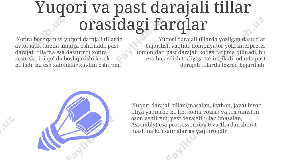 ari ta'limida keng qo'llanilgan. 1960-yillarning o'rtalarida paydo bo'lgan fortran, ilmiy hisob-kitoblar uchun yaratilgan yuqori darajali dasturlash tili bo'lib, u o'sha davr uchun yuqori samaradorlik va qulaylikni ta'minlagan. yuqori darajali va past darajali dasturlash tillari ta'rifi past darajali tillar, xususan, assembly, protsessorning arxitekturasini toʻgʻridan-toʻgʻri boshqaradi va 1 ga 1 nisbatda mashina koʻrsatmalarini bajaradi, bu esa yuqori samaradorlikni ta'minlaydi, lekin murakkab dasturlashni talab qiladi. yuqori darajali tillarda yozilgan kodlar, kompilyator yoki interpretator yordamida, past darajali kodlarga, masalan, 0 va 1lardan tashkil topgan mashina kodlariga tarjima qilinadi. bu jarayon dasturning bajarilishini ta'minlaydi. yuqori darajali tillar, masalan, python yoki java, inson tiliga yaqinroq boʻlib, 10 ta mashina koʻrsatmasiga nisbatan 1 ta buyruq bilan murakkab vazifalarni bajarishga imkon beradi, shuning uchun dasturlash osonlashadi. e'tiboringiz uchun rahmat @taqdimot_robot image1.jpeg image2.jpeg image3.jpeg