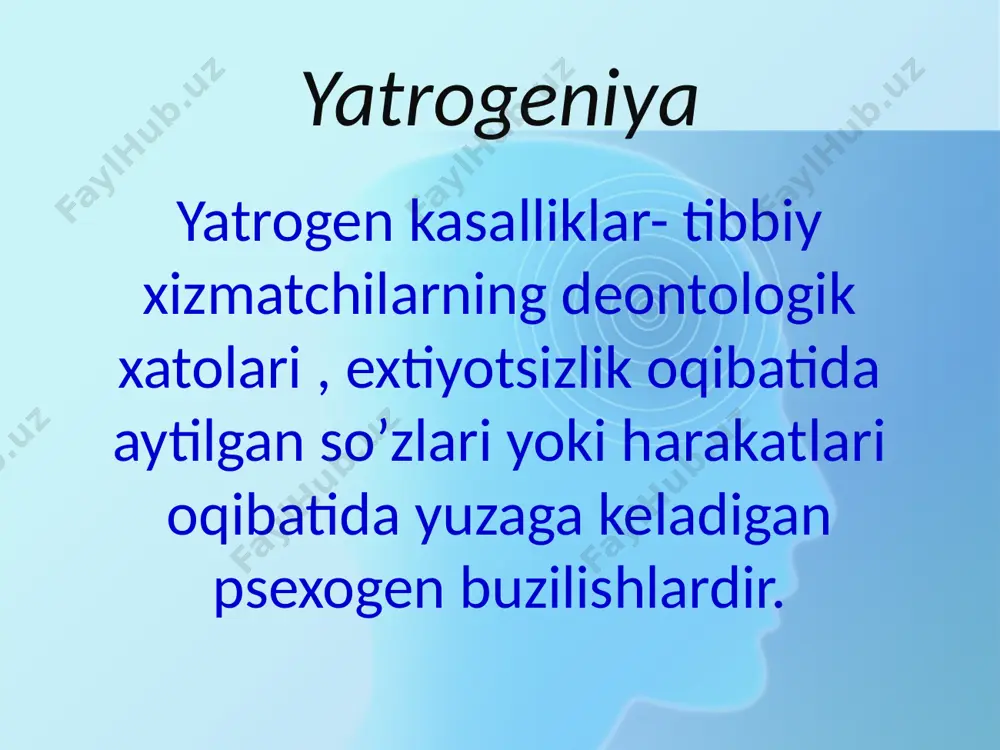 har qaysi tibbiyot xodimi bemor bilan suhbatni to'g'ri tashkil qilishi, uning ishonchini qozonishi, o'zaro munosabat oralig'ini saqlashi, o'ziga ishontira olishi, unga hamdard bo'lib, imkon qadar aniq javob qaytara olishi darkor. tib xodimlarining har bir xatti-harakati va gap-so'zlari bemorga yaxshi kayfiyat bag'ishlaydi va uni ruhan tetik qiladi. shifokor bemor bilan birinchi uchrashuvidanoq uning ruhiy holatiga nisbatan nihoyatda ehtiyotkorlik bilan muloqot qilish mahoratini takomillashtirib borish yatrogeniyaning oldini oladi. e’tiboringiz uchun raxmat! . image1.png image2.jpeg image3.jpeg image4.jpeg image5.jpeg image6.jpeg image7.jpeg image8.jpeg image9.jpeg image10.png image11.jpeg image12.jpeg image13.jpeg image14.jpeg image15.jpeg image16.jpeg image17.jpeg image18.jpeg image19.jpeg image20.jpeg image21.jpeg image22.jpeg image23.jpeg image24.jpeg image25.jpeg 101810602