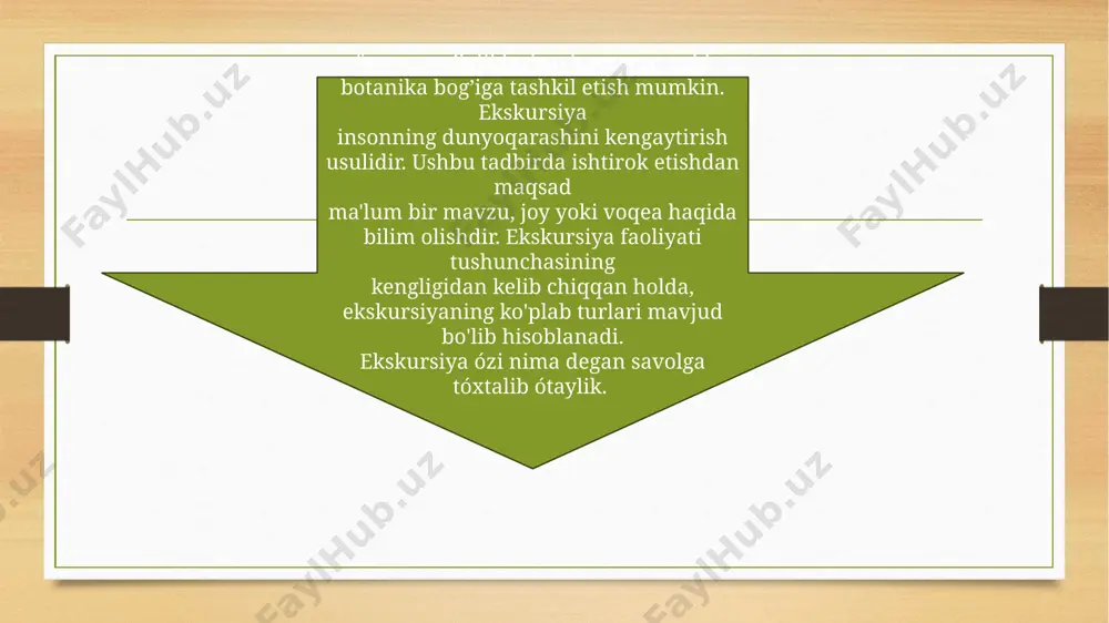 arshrutidagi haqiqiy ekskursiya ob’yektlari; – qo‘shimcha illyustrativ materiallar (gidportfelidagi ko‘rgazmali materiallar); – so‘zli-obrazli material gid mahoratiga bog‘liq bo‘lib, voqealarni yorqin tushuntirib berish evaziga erishiladi. ekskursiyani olib borish texnikasiga quyidagilar kiradi: •gidni guruh bilan tanishishi; •sayyohlarning avtobusdan tushishi; •avtobusdan ob’iektgacha bo`lgan harakat; •guruhning ob`iekt oldida joylashishi; •avtobusga qaytish; •texnologik sxemaga mos ravishda ekskursiya rejasiga amal qilish; •sayyohlar bilan savol-javob o`tkazish; •ekskursiya jarayonida individual matndan foydalanish; •«gid portfeli» va ovoz yozish tasmasidan foydalanish; •mikrofon bilan ishlash. ayniqsa boshlang’ich sinf o’quvchilarining vatanparvarlik ruhida tarbiyalash har doim maktabning eng muhim vazifalaridan biri bo'lib kelgan, chunki bolalik va yoshlik vatanga muhabbatning muqaddas tuyg'usini singdirish uchun eng qulay davrdir. vatanparvarlik tarbiyasi deganda o‘quvchilarda o‘z vataniga muhabbat hissini bosqichmabosqich va barqaror shakllantirish tushuniladi. vatanparvarlik har tomonlama rivojlangan shaxsning eng muhim xususiyatlaridan biridir. maktab o‘quvchilarida o‘z vatani, o‘z xalqi bilan faxrlanish, uning erishgan ulkan yutuqlari, o‘tmishning munosib sahifalariga hurmat tuyg‘ularini shakllantirish zarur. ekskursiya turizmi o‘quvchilarning bilish faoliyatini faollashtiruvchi, …