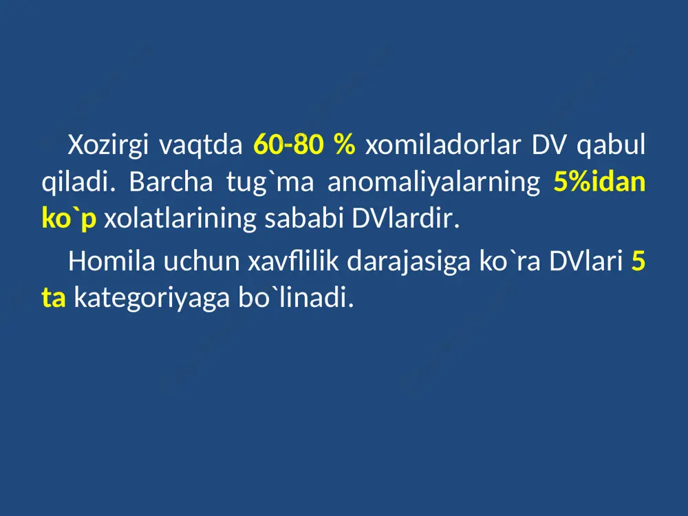 lar – essenciale, karsil, betain, lecitin, metionin ut xaydovchi dv – alloxol, xolagol, xolenzim, xolosas, magniy sulfat, febixol ich kotishi va diareyada qo`llaniladigan dv – bisakodil, laktuloza, magniy sulfat, lineks, smekta, ersefuril, laktobakterin, senade va x.k. ferment dv – mezim forte, festal, digestal, panzinorm va x.k. kandli diabetda qo`llaniladigan dv – sulfanilmochevina unumlari, biguanidlar, tioktacid, glyukobay, insulin vitamin dv – vitamin a, d, e, b gruppasi anabolik dv – retabolil, nerabol homiladorlik davrida oit kasalliklarida qo`llaniladigan dvlarining qo`llanilishi antikoagulyantlar – geparin, neodikumarin, sinkumar, varfarin, sinkumar gemostatik dv – etamzilat, vitamin k, vikasol temir saklovchi dv – ferrum lek, ferbitol, ferropleks, ginotardiferon homiladorlik davrida kon kasalliklarida qo`llaniladigan dvlarining qo`llanilishi yurak glikozidlari – digoksin, digitoksin, strofantin aritmiyaga qarshi dv – dizopiramid, novokainamid, lidokain, aymalin, etmozin, propafenon, xinidin, meksilitin, amiodaron gipotenziv dv – metildofa, ganglioblokatorlar, nitratlar, gidralazin, prozazin, doksazozin, dibazol, papaverin, magniy sulfat, klonidin, rezerpin, labetalol, enap, berlipril, kapoten, larista, nifedipin, amlodipin va …