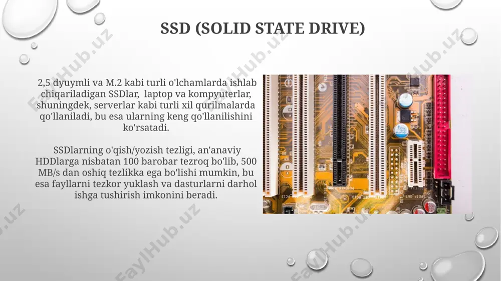 ni smartfonlar va boshqa qurilmalar uchun qulay qiladi xotira qurilmalari turlari xotira qurilmalarining bir turi boʻlgan ssd (solid state drive) disklar, 2010-yillardan buyon kompyuterlar va serverlarda tezkorligi va ishonchliligi tufayli keng qoʻllanila boshlandi, ayniqsa, yaponiya va janubiy koreya kompaniyalari bu sohada yetakchi hisoblanadi. flash xotira qurilmalari, masalan, usb fleshkalar, 1980-yillarning oxirida ixtiro qilingan va dunyo boʻylab, shu jumladan, oʻzbekistonda ham, maʼlumotlarni saqlash uchun qulayligi tufayli juda keng tarqalgan, 128 gb dan 1 tb gacha sigʻimdagi variantlari mavjud. flesh xotira flesh xotiraning asosiy turlari – sensorli, qisqa muddatli va uzoq muddatli xotira bo'lib, ularning har biri ma'lumotlarni qayta ishlash va saqlash mexanizmlari bilan ajralib turadi, masalan, ishchi xotira 7 ± 2 birlik ma'lumotni ushlab turishi mumkin. flesh xotirasi london universiteti tadqiqotchilari tomonidan o'rganilgan bo'lib, ularning topilmalari xotira jarayonlarida gipokampus va amigdalaning muhim rolini ko'rsatdi, bu esa 2023 yilda nashr etilgan ilmiy maqolada tasvirlangan. magnit lentali xotira магнит ленталаридаги маълумотларни ўқиш ва …
