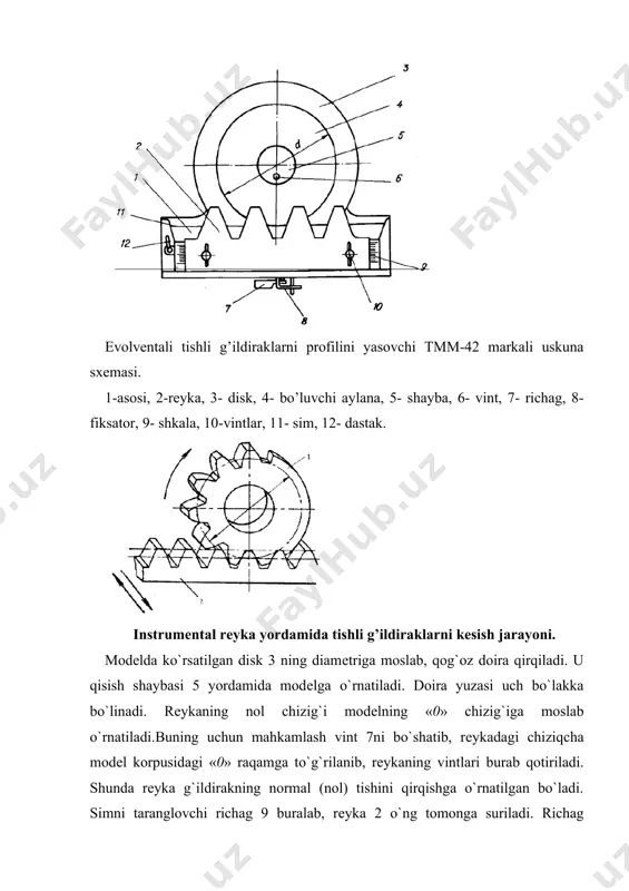 5÷100 mm), · tish qadamini nazariy hisoblash: ; (=3,i4, · tish balandligi: , · g`ildirak tishining qalinligi: , · bo’luvchi aylana diamеtri: . nazariy hisoblashlar modеllarning tishli bo`g`inlarini o`lchov asboblari yordamida o`lchash yo`li bilan tеkshiriladi. modеllardagi uzatishlar soni tajriba usulida aniqlanadi va nazariy hisoblar bilan taqqoslanadi. oradagi farq quyidagi ifoda bilan aniqlanadi: bu еrda, - amaliy aniqlangan uzatishlar soni, - nazariy aniqlangan uzatishlar soni. foydalanilgan adabiyotlar: 1. фролов к.в ва б. механизм ва машиналар назарияси. – т.: укитувчи, 1990. 2. джураев а ва б. механизм ва машиналар назарияси. – т.: укитувчи, 2004. 3. karimov r.i, saliyev a. mexanizm va mashinalar nazariyasi fanidan o’quv qo’llanma. t.: toshdtu, 2006. 4. abduvaliyev u.a., karimov r.i. “amaliy mexanika” faninig “mashina va mexanizmlar nazariyasi” bo’limidan kurs ishini bajarish bo’yicha o’quv qo’llanma – t,toshdtu, 2008. _1584511671.unknown _1584511675.unknown _1584511677.unknown _1584511679.unknown _1584511680.unknown _1584511678.unknown _1584511676.unknown _1584511673.unknown _1584511674.unknown _1584511672.unknown _1584511669.unknown _1584511670.unknown _1584511667.unknown