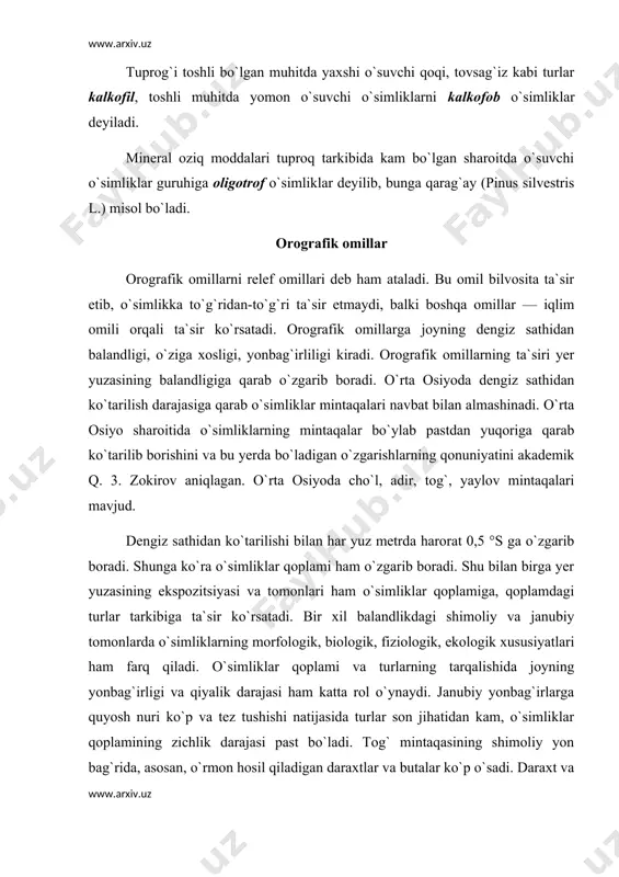iborat bo`ladi. misol uchun, pastki tog` mintaqasi va yuqorigi tog` mintaqasi mavjuddir. o`simliklarning mintaqalar bo`ylab tarqalishi hayotiy shakllariga ham ta`sir ko`rsatadi. relefning o`simliklar qoplamiga ta`sir ko`rsatish darajasiga qarab 3 gruppaga bo`linadi. 1. makrorelef — baland tog`lar bo`lib, dengiz sathidan har 100 m ko`tarilishi bilan havo harorati 0,5 °s ga pasayib boradi. natijada o`simliklar qoplami ham o`zgarib boradi. makrorelef, asosan, baland tog` mintaqasi bo`lib, tog`lar ham uch qismga bo`linadi. tog etagi-adir bilan tutashgan joyi, togning asosiy qismi, tog`ning ustki qismi, ya`ni yaylov bilan tutashgan qismi. 2. mezorelefga, asosan, daryo o`zanlari kirib, bu yerda tuproq namligi, oziq moddalar miqdori va tarkibi o`ziga xos rol o`ynaydi. yil fasllarining almashinishi, jumladan bahorgi suv toshqinlari vaqtida daryo o`zanlarining tuproq qatlami va tarkibi o`zgarib turadi. daryo suvlarining tez oqishi natijasida boshlanish qismida yirik toshlar va shag`allar to`planib qoladi. o`rta va quyi qismida esa oqim sekinlashib chirindiga boy tuproq zarrachalari — loyqa yig`iladi. daryoning boshlanish qismida tuproq …