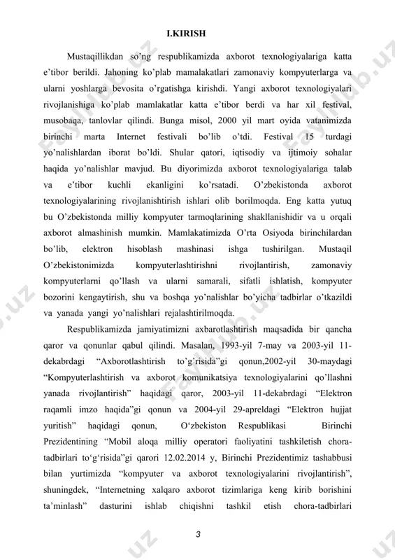 tlari to’g’risida” qonuni 2012-yil 12- dekabrda qabul qilindi. ushbu qonun 16 moddadan tashkil topgan bo’lib, unda ushbu qonunning asosiy vazifalari, axborot erkinligi prinsiplari va kafolatlari to'g'risidagi qonun hujjatlari, axborot erkinligining asosiy prinsiplari axborotning ochiqligi va oshkoraligi, axborotni olish tartibi, shaxsning, jamiyatning, davlatning axborot borasidagi xavfsizligi, shu kabi bir qator moddalarni o’z ichiga olgan. inson uchun axborotlarni to’plashda uning barcha sezgi organlari xizmat qilsa, uzoq masofadagi axborotlarni to’plash uchun bu esa yetarli emas, buning uchun maxsus texnik vositalar talab qilinadi. bugungi kunda ya’ni axborot asri bo’lmish xxi asrda o’zbekiston respublikasining butun dunyo orasida o’z mavqei, obro’-e’tiborga ega ekanligi quvonarli holdir. ”informatika” fanlar ichida eng yoshi hisoblanadi. uni yanada rivojlantirish, kompyuter dasturlari bilan tanishish, o’sib kelayotgan yosh avlodni elektron-hisoblash mashinalari bilan tanishtirish, ularni o’rgatishni yangi bosqichlarini ishlab chiqish mamlakatimizning dolzarb va asosiy mavzusiga aylangan. maktab, kollej, litsey, institut, universitetlarni talabga javob beradigan kompyuterlar bilan ta’minlash, ularga eng zamonaviy kompyuterlarni va ular bilan …