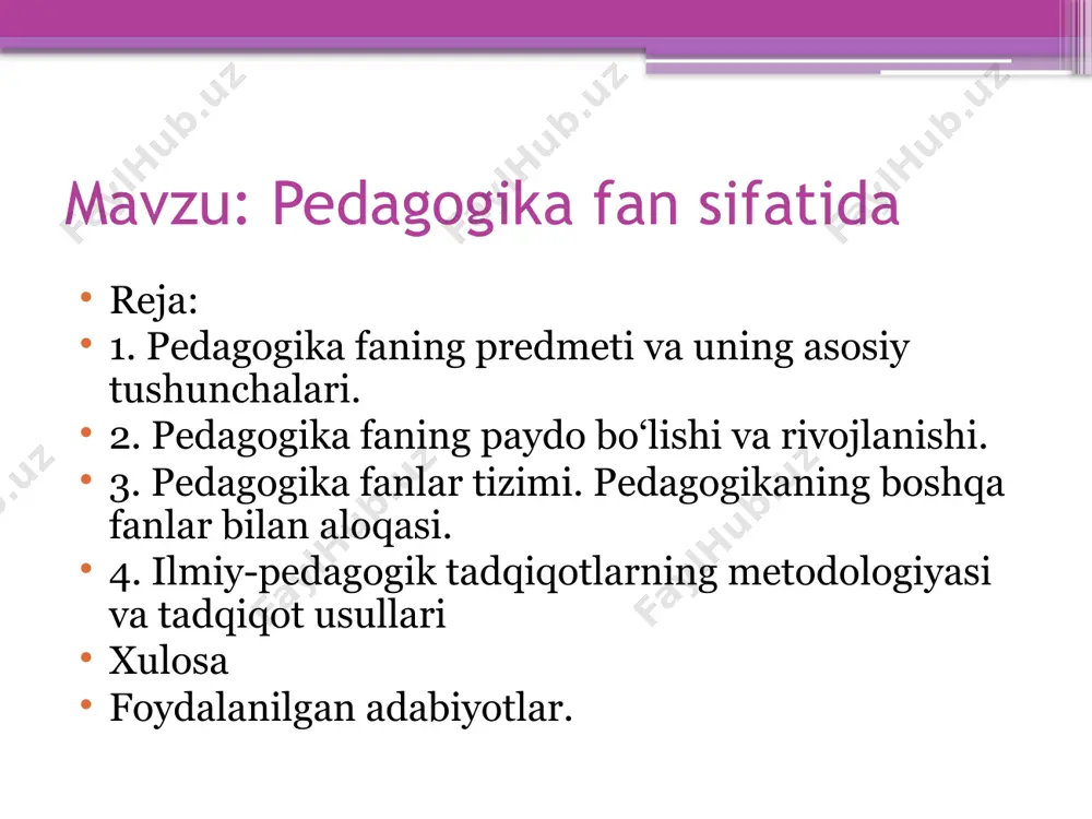 ilishni bolalar kattalarning namunalari asosida o'zlashtirganlar. nutq va yozuv paydo bo'lgunga qadar bu kabi harakatlar imo-ishoralar asosida amalga oshirilgan. kishilik tarixida tub inqilobni sodir etgan nutq va yozuvning paydo bo'lishi, shuningdek, urug' jamoasi tomonidan bajariladigan mehnat faoliyatining turli sohalarga ajralishi yoshlarga nisbatan munosabatning ilg'or (progressiv) xarakter kasb etishiga imkon berdi. pedagogika fanlar tizimi. pedagogikaning boshqa fanlar bilan aloqasi. pedagogika fani yakka holda mukammallikka erisha olmaydi. u ham boshqa fanlar kabi ijtimoiy fan yutuqlaridan foydalanadi va mazmunan boyib boradi. hozirgi kunimizda umumbashariyat tomonidan yaratilgan bilimlar va kelajak haqida ma`lumot beruvchi nazariyalar ma`lum darajada pedagogika fani uchun manba bo`lib xizmat qiladi. boshqa fanlar kabi pedagogika har bir insonning ijtimoiy kamolotiga xizmat qiladi. tabiat va jamiyatning rivojlanishi qonuniyatlari to`g’risidagi ma`lumotlarga asoslanadi va o`zi ham ijtimoiy fan sifatida rivojlanib boradi. shu sababli u falsafa, tarix, iqtisod, psixologiya,sotsiologiya, etika va estetika kabi fanlar bilan uzviy aloqadadir. ilmiy-pedagogik tadqiqotlarning metodologiyasi va tadqiqot usullari metodologiya alohida fan …