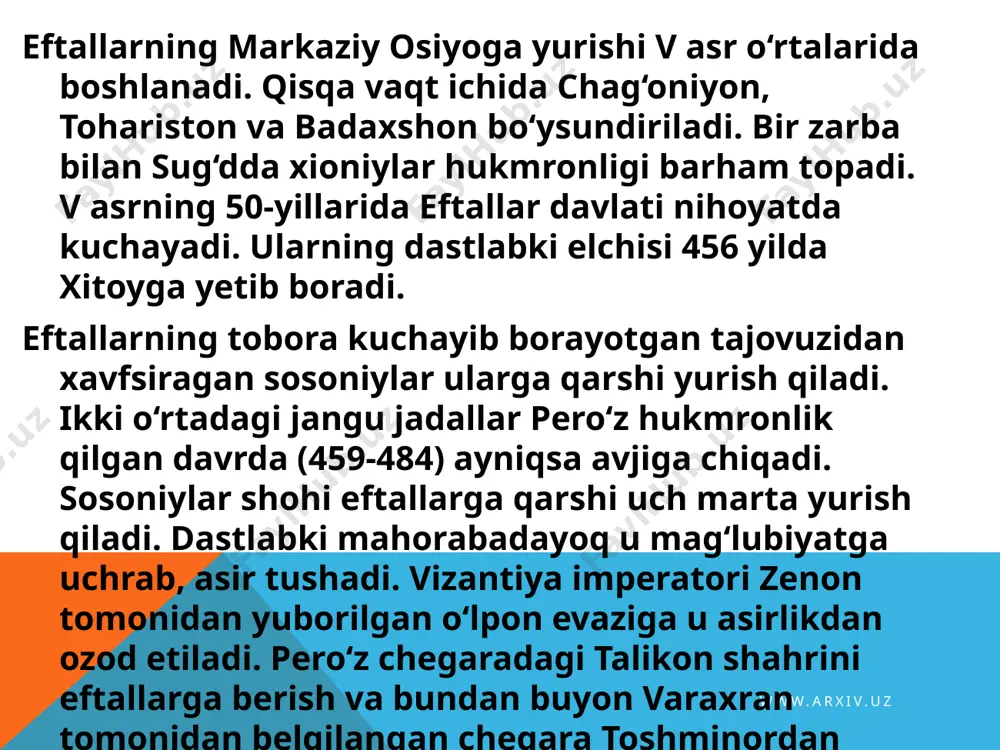 urf-odati, xususan, dafn marosimlari, qabr turlari hamda zodagonlarning kiyim-boshlari ta’rifi haqidagi manbalarda keltirilgan ba’zi ma’lumotlarga qaraganda, ular o‘rtasida tabaqalanish va mulkiy tengsizlik kuchli bo‘lgan. ularda o‘z davlat tuzumi, qaror topgan qonun va qoidalari mavjud bo‘lgan. jinoyatchilik bo‘yicha jazo nihoyatda qattiq bo‘lgan. o‘g‘irlik qilgan jinoyatchining boshi kesilgan. o‘g‘irlangan mol-mulkning miqdoridan qat’i nazar, u o‘n barobar qilib undirib olingan. shuni ta’kidlash joizki, eftallar o‘z tashqi siyosatlarida harbiy kuchga suyanganlar va ularning asosiy qismi suvoriylar bo‘lgan. eftallarning qonuniy davlati podshohi mutloq tomonidai boshqarilgan. ma’lumotlarga qaraganda, eftallar ko‘shni davlatlar adolatidan zarracha ham kam bo‘lmagan adolatga amal kilganlar. shunday qilib, bu davlat osiyo xalqlari tarixida siyosiy, iqtisodiy-ijtimoiy va madaniy tarixida juda katta ahamyatga ega. www.arxiv.uz vi-viii asrda turk xoqonligi markaziy osiyoning g’arbiy hududida joylashgan oltoy o’lkasida vi asrga kelib mintaqa tarixida muhim o’rin tutgan turk xoqonligi tashkil topdi. turk manbalarida turklar bir necha nomlar bilan atalgan bo‘lsada, ular bir biriga o‘xshashdir. masalan: xitoylar tuszyuelar, mo‘g‘ullar …