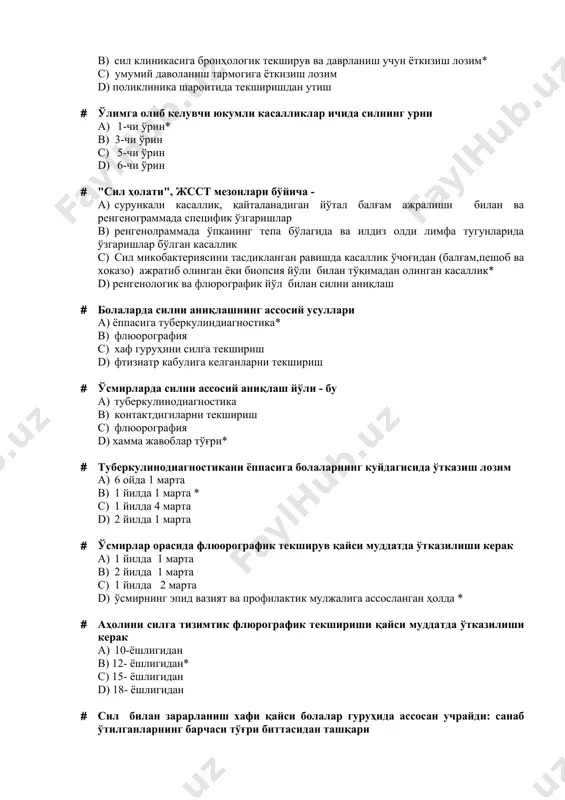 изиатр кабулига келганларни текшириш · ўсмирларда силни ассосий аниқлаш йўли - бу а) туберкулинодиагностика b) контактдигиларни текшириш c) флюорография d) хамма жавоблар тўғри* · туберкулинодиагностикани ёппасига болаларнинг куйдагисида ўтказиш лозим а) 6 ойда 1 марта b) 1 йилда 1 марта * c) 1 йилда 4 марта d) 2 йилда 1 марта · ўсмирлар орасида флюорографик текширув қайси муддатда ўтказилиши керак а) 1 йилда 1 марта b) 2 йилда 1 марта c) 1 йилда 2 марта d) ўсмирнинг эпид вазият ва профилактик мулжалига ассосланган ҳолда * · аҳолини силга тизимтик флюрографик текшириши қайси муддатда ўтказилиши керак а) 10-ёшлигидан b) 12- ёшлигидан* c) 15- ёшлигидан d) 18- ёшлигидан · сил билан зарарланиш хафи қайси болалар гуруҳида ассосан учрайди: санаб ўтилганларнинг барчаси тўғри биттасидан ташқари а) бцж эмланмаганлар b) чала тугилганлар ва тез-тезкасалланадиган болалар c) сил ўчоғида яшайдиган болалар d) сил билан ўтказганлар * · ўсмирлар орасида сил буича «хавф» гуруҳига: санаб ўтилганларнинг …
