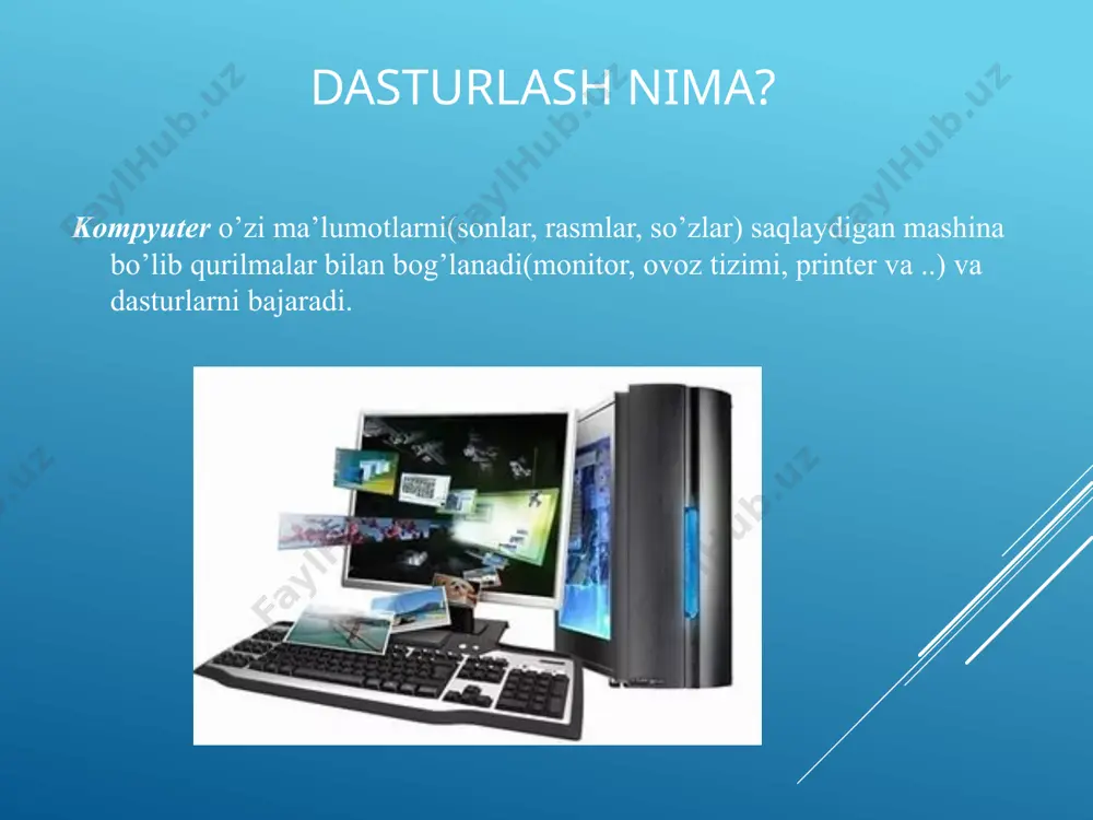 an disklardan tashkil topgan xotira bo’lib, ma’lumotlarni doimiy elektr manbasiz ham saqlay oladi. kompyuter anatomiyasi dasturlar va ma'lumotlar odatda qattiq diskda saqlanadi va qachon dasturi ishga tushirilganda operativ xotiraga yuklanadi. dastur keyin xotirasida ma'lumotlarni yangilab boradi va qattiq diskka tahrirlanadi. kompyuter anatomiyasi inson va mashina aloq qilishi uchun periferiya qurilmalarui talab qilinadi. kompyuter display, kolonka va printer orqali foydalanuvchiga ma’lumot chiqaradi. bu ma’lumot chiqarish qurilmalari yoki output devices deb xam yuritiladi. kompyuter anatomiyasi foydalanuvchi kompyuterga ma’lumot kiritishi uchun klaviatura, mikrofon va pointerlardan foydalanishi mumkin. bular input devices deb ham yuritiladi. mashina kodi va dasturlash tillari kompyuter buyruqlarining eng boshlang’ich bosqichi juda soda ko’rinshda. markaziy protsessor mashina buyruqlarini bajaradi. mashina kodi va dasturlash tillari buyruqlar ketma – ketligida qanday qilib biz kompyuter bilan aloqani amalga oshiramiz? eng oddiy usuli kompyuter xotirasiga shu buyruq kodini yozishdir. lekin bunday uslub bilan ilgari ishlangan. bunday kodlar bilan ishlash juda murakkab. shu sababli kompyuter mutaxasislari …