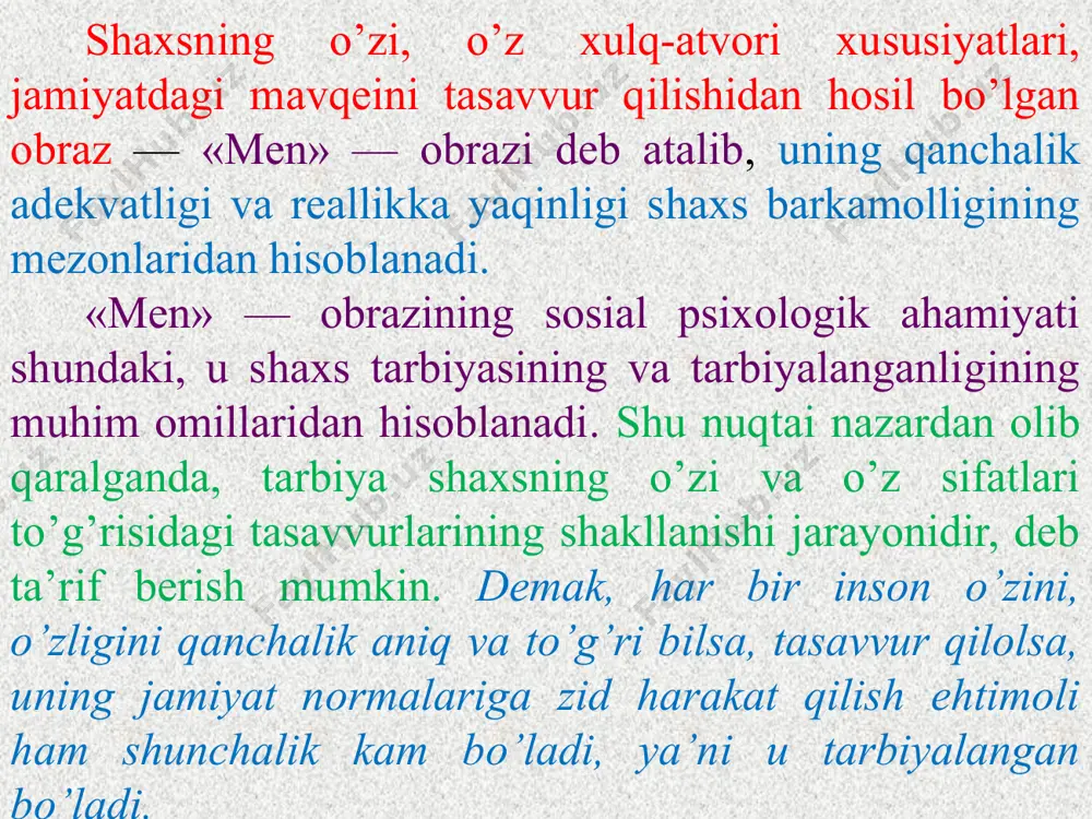 -o’ziga baho nafaqat haqiqatga yaqin (adekvat), to’g’ri bo’lishi, balki u o’ta past yoki yuqori ham bo’lishi mumkin. o’z-o’ziga bahoning past bo’lishi ko’pincha atrofdagilarning shaxsga nisbatan qo’yayotgan talablarining o’ta ortiqligi, ularni uddalay olmaslik, turli xil e’tirozlarning doimiy tarzda bildirilishi, ishda, o’qishda va muomala jarayonidagi muvaffaqiyatsizliklar oqibatida hosil bo’lishi mumkin. bunday o’smir yoki katta odam ham, doimo tushkunlik holatiga tushib qolishi, atrofdagilardan chetroqda yurishga harakat qilishi, o’zining kuchi va qobiliyatlariga ishonchsizlik kayfiyatida bo’lishi bilan ajralib turadi va bora-bora shaxsda qator salbiy sifatlar va hatti-xarakatlarning paydo bo’lishiga olib keladi. hattoki, bunday holat suisidal harakatlar, ya’ni o’z joniga qasd qilish, real borlig’idan «qochishga» intilish psixologiyasini ham keltirib chiqarishi mumkin. o’zi-o’ziga baho o’ta yuqori ham shaxs xulq-atvoriga yaxshi ta’sir ko’rsatmaydi. chunki, u ham shaxs yutuqlari yoki undagi sifatlarning boshqalar tomonidan sun’iy tarzda bo’rttirilishi, noo’rin maqtovlar, turli qiyinchiliklarni chetlab o’tishga intilish tufayli shakllanadi. ana shunday sharoitda paydo bo’ladigan psixologik holat «noadekvatlilik effekti» deb atalib, uning oqibatida …