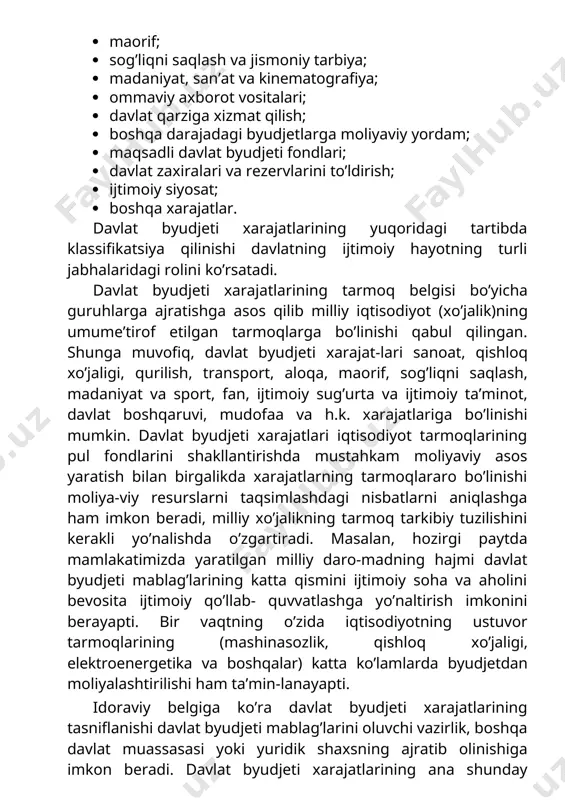 siyosat; · boshqa xarajatlar. davlat byudjeti xarajatlarining yuqoridagi tartibda klassifikatsiya qilinishi davlatning ijtimoiy hayotning turli jabhalaridagi rolini ko’rsatadi. davlat byudjeti xarajatlarining tarmoq belgisi bo’yicha guruhlarga ajratishga asos qilib milliy iqtisodiyot (xo’jalik)ning umume’tirof etilgan tarmoqlarga bo’linishi qabul qilingan. shunga muvofiq, davlat byudjeti xarajat-lari sanoat, qishloq xo’jaligi, qurilish, transport, aloqa, maorif, sog’liqni saqlash, madaniyat va sport, fan, ijtimoiy sug’urta va ijtimoiy ta’minot, davlat boshqaruvi, mudofaa va h.k. xarajatlariga bo’linishi mumkin. davlat byudjeti xarajatlari iqtisodiyot tarmoqlarining pul fondlarini shakllantirishda mustahkam moliyaviy asos yaratish bilan birgalikda xarajatlarning tarmoqlararo bo’linishi moliya-viy resurslarni taqsimlashdagi nisbatlarni aniqlashga ham imkon beradi, milliy xo’jalikning tarmoq tarkibiy tuzilishini kerakli yo’nalishda o’zgartiradi. masalan, hozirgi paytda mamlakatimizda yaratilgan milliy daro-madning hajmi davlat byudjeti mablag’larining katta qismini ijtimoiy soha va aholini bevosita ijtimoiy qo’llab- quvvatlashga yo’naltirish imkonini berayapti. bir vaqtning o’zida iqtisodiyotning ustuvor tarmoqlarining (mashinasozlik, qishloq xo’jaligi, elektroenergetika va boshqalar) katta ko’lamlarda byudjetdan moliyalashtirilishi ham ta’min-lanayapti. idoraviy belgiga ko’ra davlat byudjeti xarajatlarining tasniflanishi …