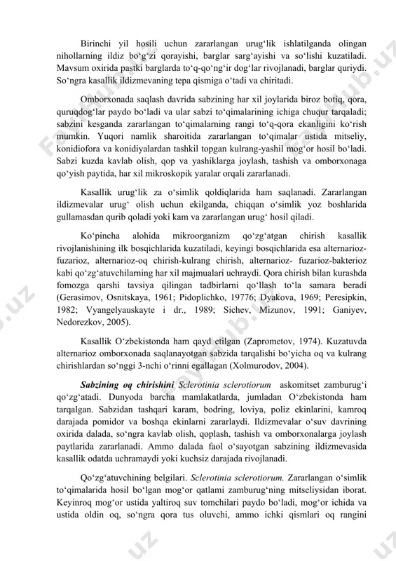 xsiy tomorqada yetishtirilgan hosilni saqlash uchun boshqirtistonda quyidagi usulni ishlatish tavsiya qilingan: ildizmevalar suyuq loyga botirib olinadi va 1-2 kun davomida quritiladi. sabzi ustida paydo bo‘lgan loy pardasi uni so‘lishdan va chirishlardan samarali himoya qiladi va bahorgacha yaxshi saqlash imkonini yaratadi. agar qishda ba’zi sabzilar chirisa, ular ehtiyotkorlik bilan olib tashlanadi (ganiyev, nedorezkov, 2005). o‘zbekistonda o‘tkazilgan kuzatuvlarda omborxonada saqlanayotgan sabzi kasalliklari orasida fomoz uchrashi bo‘yicha oq, kulrang va qora chirishlardan keyingi 4- o‘rinni egallagan (xolmurodov, 2004). sabzining qora chirish (alternarioz) kasalligini alternaria radicina gifomitset zamburug‘i qo‘zg‘atadi. kasallik dunyoning barcha mamlakatlarida, jumladan o‘zbekistonda ham tarqalgan. sabzidan tashqari shivit, kashnich, selderey, petrushka va boshqalar ham zararlanadi. qo‘zg‘atuvchining belgilari. alternaria radicina. o‘simlik to‘qimalarida hosil bo‘lgan yashil-qoramtir mog‘or qatlami zamburug‘ning mitseliysi, konidioforalari va konidiyalaridan iborat. gifalar ko‘p hujayrali, eni 2,5-10 mkm. konidioforalar kam shoxlangan, to‘g‘ri yoki buralgan, och-kulrang, och qo‘ng‘ir, to‘q-qo‘ng‘ir, zaytun rang-qo‘ng‘ir yoki to‘q-zaytun rangli, gifalardan kam farq qiluvchi, uzunligi 200 mkm, eni …