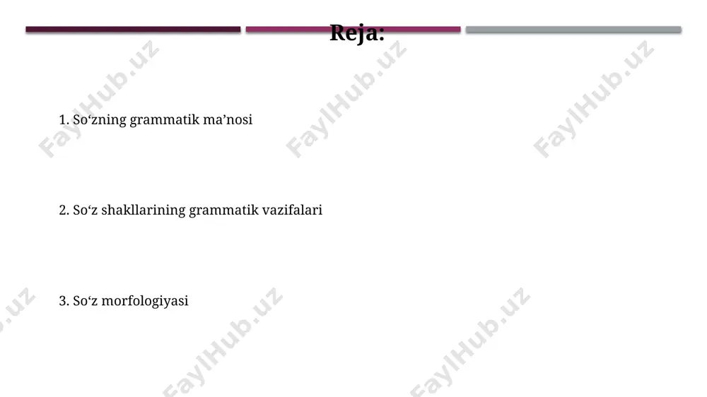va boshqa so‘zlar bilan sintaktik aloqasi orqali belgilanadi. bunday holda, kamida 5 ta grammatik kategoriyani tahlil qilish kerak. ravishingning grammatik ma’nosi uning fe’l, sifat yoki boshqa so‘z turkumlarini qanday aniqlashini, ya’ni 2 ta asosiy ma’noviy komponentini va gap tarkibidagi bog‘lanishini aniqlash orqali ochib beriladi. fe'lning grammatik ma'nolari fe'lning grammatik ma'nolarini aniqlashda, fe'lning qo'shimchalari va uning gapdagi o'rni muhim ahamiyatga ega. masalan, "o'qidi" fe'lining o'tgan zamon va 3-shaxs birlik ma'nolarini aniqlash mumkin. fe'lning grammatik ma'nosi, uning lug'aviy ma'nosi bilan chambarchas bog'liq bo'lib, fe'lning qanday harakat yoki holatni ifodalashini aniqlashga yordam beradi, masalan, 3 shaxs birlikdagi hozirgi zamon. sifatning grammatik ma'nolari sifatlar, otlar singari, jins (erkak, ayol, umumiy) bo‘yicha ham grammatik ma'nolarga ega bo‘lib, jumlada ularning ishtirok etgan ot bilan uyg‘unlashadi. misol uchun, 3 ta jins kategoriyasi mavjud. ba'zi sifatlar daraja (taqqoslash) ma'nosini ifodalaydi: taqqoslov darajasi (yaxshiroq), o‘ta darajasi (eng yaxshisi) kabi 3 ta darajaga ega bo'lishi mumkin. so'z shakllarining turlari o'zak …
