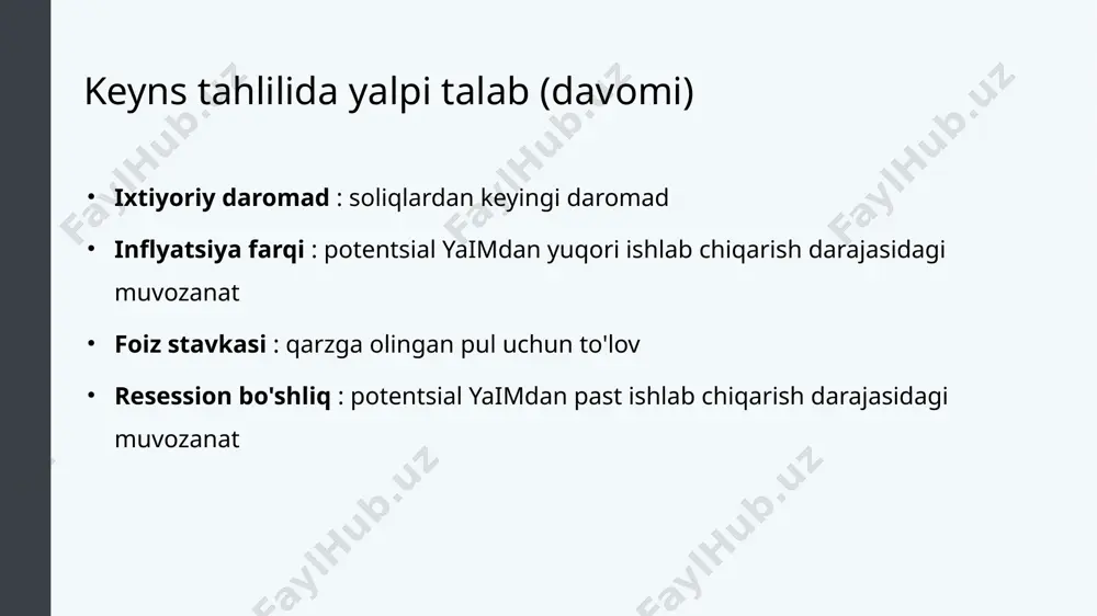 iste'molga marjinal moyillik : sarflangan daromadning har qanday o'zgarishining ulushi; algebraik jihatdan mpc = d c/ d y tejamkorlikka (jamg’arishga) marjinal moyillik : daromadning saqlangan har qanday o'zgarishining ulushi; algebraik jihatdan mps = d s/ d y yalpi xarajatlar: iste'mol milliy daromadning funksiyasi sifatida xarajat-mahsulot modelida milliy daromad darajasi bilan iste'mol qanday oshadi? gorizontal o'qdagi mahsulot kontseptual jihatdan milliy daromad bilan bir xil, chunki ishlab chiqarilgan va sotilgan barcha yakuniy mahsulot qiymati iqtisodiyotning qaysidir joyida kimgadir daromad bo'lishi kerak. milliy daromad nol darajasida 600 dollar iste'mol qilinadi. keyin har safar daromad 1000 dollarga oshganida iste'mol 800 dollarga oshadi, chunki bu misolda iste'molga marjinal moyillik 0,8 ga teng. xarajat-chiqish modeli. muallif : openstax kolleji. quyidagi manzilda joylashgan : https://cnx.org/contents/vemoh-_p@4.29:2cz9k6tp@3/the-expenditure-output-model . litsenziya : cc by: attribution . litsenziya shartlari : http://cnx.org/contents/bc498e1f-efe9-43a0-8dea-d3569ad09a82@4.4 manzilidan bepul yuklab oling 14 umumiy xarajatlar: investitsiyalar, davlat xarajatlari va sof eksport yalpi xarajat funktsiyasi: iste'mol va investitsiyalar va davlat …