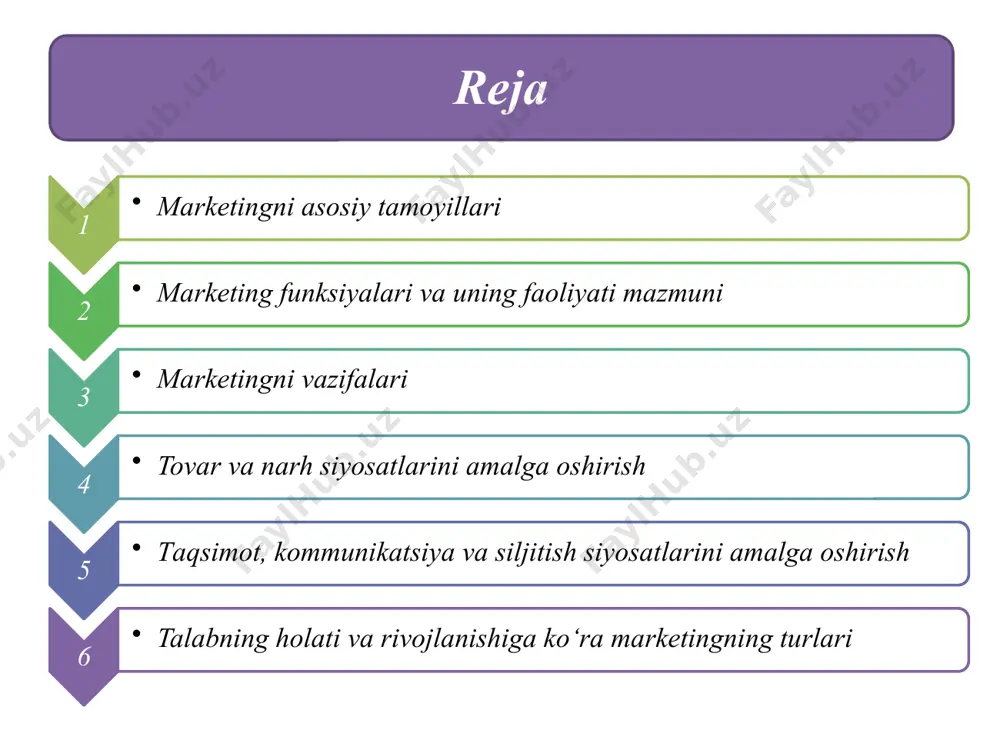 marketing operatsiyalarini urganish benchmarketing talabni va sotishni bashorat kilish 13.03.2025 8 yangi maxsulotlarni yaratish maxsulot yaratish funksiyasi masalalari tovar siyosatini ishlab chikish tovar rakobatdoshligi va sifatini boshkarish yangi maxsulotlar ishlab chikarishni tashkil etish 13.03.2025 9 marketing-menejment funksiyasi marketingni boshkarishni tashkil etish audit boshkaruv karorlarini optimallashtirish nazorat kilish marketing xizmatini tashkiliy tuzilishini ishlab chikish 13.03.2025 10 xaridorlar extiyojini, urganish va aniklash marketing vazifalari avvalo talab va taklif tugrisida olingan ma’lumotlar asosida bozorni urganish tovarlarga bulgan talabni istikbollash, ularni amalga oshirishni nazorat kilish narxning faoliyatini xaridorlar extiyojiga moslashtirish tovarni bozorga chikarishdagi barcha xizmatlar tugrisida ma’lumotlar olish ish tuldiruvchi tovarlar va urnini bosuvchi tovarlar tugrisida axborot yigish 3. marketingni vazifalari tovarni siljitish funksiyasi natijasida sotishni ragbatlantirish va reklama siyosatini ishlab chikish; sotishni ragbatlantirishni samarali instrumentlarini asoslash; tovarni siljitish tugrisida multimedia texnologiyalarini asoslash; ichki firma reklamasini tashkil etish; sotuv ishlarini ragbatlantirish; pablik rileyshnzni tashkil kilish va boshkalar tulik urganiladi. narxni tashkil etish funksiyasi orkali …