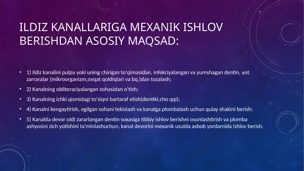 rdamida aylanma harakatlar yordamida o'tiladi("soat burash usuli" bo'yicha. , so'ng kanal bir hajm kichik bo'lgan xyodstrem- fayl yordamida ilgarma-kaytar, qiruvchi haraktlar yordamida ishlov beriladi. "step back" usuli ("bir qadam orqaga") "step back" usuli ildiz kanallariga ishlov berishning zamonaviyusuli bo'lib hisoblanadi. endodontik amaliyotda kanalga ishlov berishni aynan shu usuldan o'rganishdan boshlashni tavsiya etamiz. bu usul uchun ildiz kanali og'zini kegaytirish uchun qo'llaniladigan "gates gliden" va k - fayllar komplektidan foydalaniladi. "step back" usuli bo'yicha ildiz kanallariga ishlov berishningbosqichlari quyidagichadir:birinchi bosqich - ildiz kanalini o'tish va ishchi uzunlikni aniqlash.ildiz kanali fiziologik uch sohasigacha ingichka krimmer yoki pasfinderlar bilan o'tiladi. ishchi uzunlik asbobdagi stoporli disklar yordamida mahkamlanadi va rentgen tasvirga olinadi. ikkinchi bosqich - apikal tayanch hosil qilish. maqsad - fiziologik sohasidagi to'siq guttapercha va endogermetiklarni kanal uchki teshigidan chiqib ketmaslik uchun tayanch bo'lib hisoblanadi. bunda kanalning uchki qismigacha o'tgan, va apikal teshikka tiqilgan asbob yordamida kanalga ishlov berish boshlanadi ( bizning holatda …