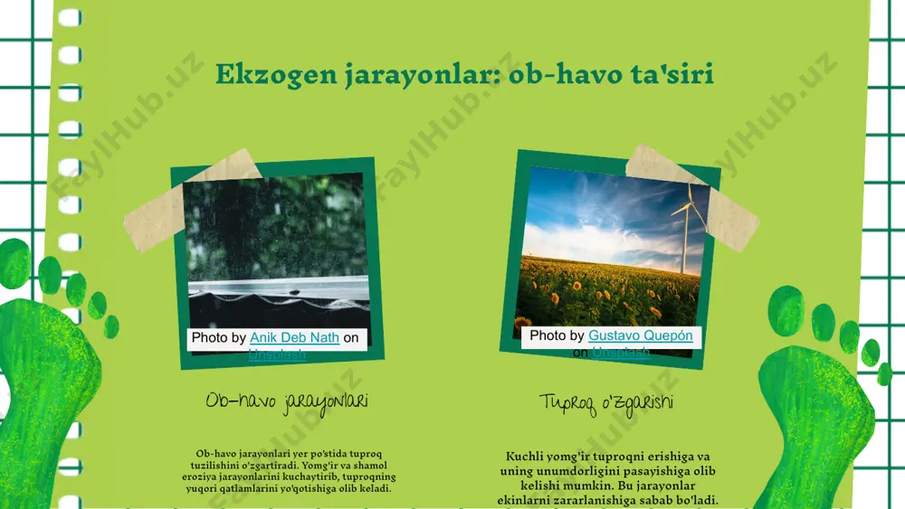 unsplash endogen jarayonlarning ahamiyati endogen jarayonlar yer yuzasidagi o'zgarishlarni belgilovchi jarayonlardir. ular yerning ichki qismida sodir bo'lib, yer silkinishlari, vulqonlar va boshqa geologik hodisalar natijasida yuzaga keladi. masalan, 2011 yilda yaponiyada sodir bo'lgan tokiyo yaqinidagi yer silkinishi, minglab odamlarning hayotini o'zgartirdi va iqtisodiy zarar keltirdi. bunday hodisalar ijtimoiy va iqtisodiy ahamiyatga ega bo'lib, tabiiy resurslar va infratuzilma rivojlanishiga ta'sir qiladi. shu bilan birga, endogen jarayonlar xavflarni ham keltirib chiqaradi, ularning natijasida tabiiy ofatlar yuzaga kelishi mumkin. bu jarayonlar odamlar va iqtisodiyot uchun imkoniyatlar va xavflarni bir vaqtning o'zida yaratadi, shuning uchun ularni to'g'ri tushunish va boshqarish muhimdir. jarayonlar o'rtasidagi o'zaro bog'liqlik ekzogen va endogen jarayonlar yer po'stida muhim rol o'ynaydi. ularning farqlari va o'xshashliklari, shuningdek, o'zaro ta'siri, yerning shakllanishida katta ahamiyatga ega. ushbu jarayonlar bir-birini to'ldiradi va geologik tuzilmalar paydo bo'lishiga olib keladi. farqlar va o'xshashliklar ekzogen jarayonlar tashqi ta'sirlardan kelib chiqadi, endogen jarayonlar esa ichki kuchlardan. har ikkisi ham …