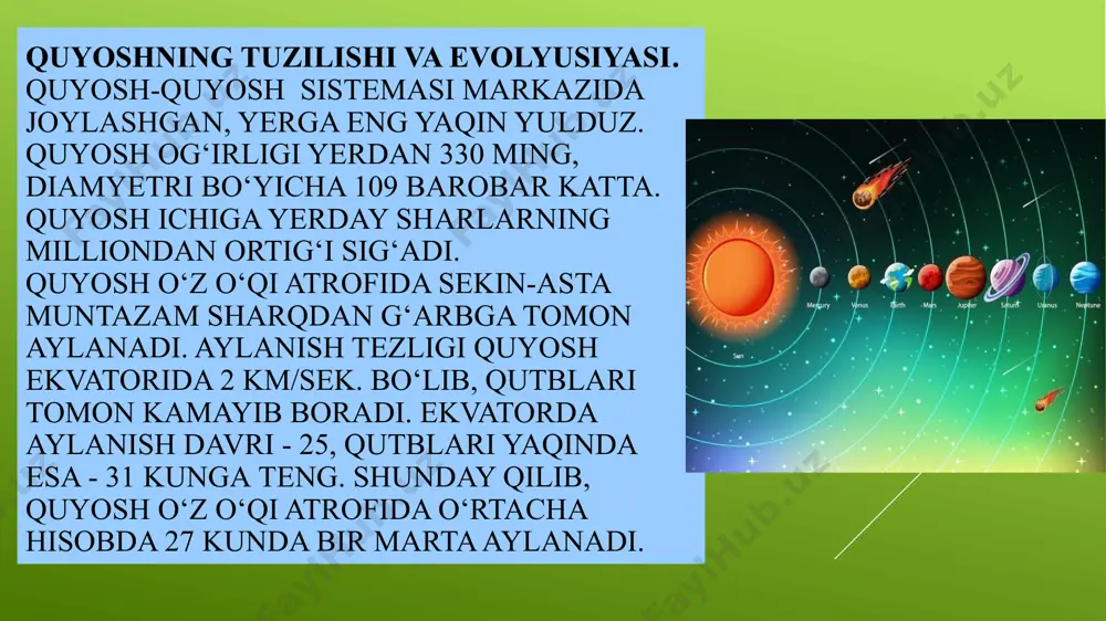 zasiga muvofiq, planetalar o‘zi endigina shakllangan quyosh atrofida zarralari turli-tuman orbitalar bo‘ylab aylanib yurgan juda katta va sovuq gaz-chang buluti moddalaridan paydo bo‘lgan. vaqt o‘tishi bilan bu bulutning shakli o‘zgarib borgan, zarralarning to‘qnashishlari va ularning o‘zaro energiya almashinishi shunga olib kelgan-ki, bunda bulut asta-sekin yassilana borgan, zarralarning orbitalari esa aylanalarga yaqinlashib borgan. yirik zarralar o‘zlariga maydalarini qo‘shib olgan. bir tomonga yo‘nalgan harakat ko‘payib borgan. moddaning quyuqlashgan bo‘laklari hosil bo‘lib, ular qalinligi diametriga qaraganda minglab marta kichik bo‘lgan disk shaklida taqsimlangan. eng yirik quyuqlashgan bo‘laklarning massasi tez ortib borgan. keyin moddaning har xil kattalikdagi hosil bo‘lgan dastlabki “po‘k” guvalaklarning ko‘pchiligidan bir necha yirik jismlar-planetalar paydo bo‘lgan. hisob-kitoblar, yer o‘zining hozirgi massasiga bir necha yuz million yilda erishganligini ko‘rsatdi. sirti sovuq bo‘lgan yerning ichki qismi radioktiv elementlar hisobiga qiziy boshlagan. bu yerning ichidagi moddalarni erishiga olib kelgan. og‘ir elementlar cho‘kib yadroni vujudga keltirganda, yengil elementlar sirtga chiqib yer qobig‘ini vujudga keltirgan. bo‘lajak …