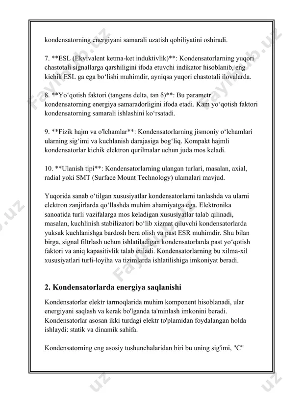 i oshirishga imkon bermoqda. kengaytirilgan nanotexnologiyalar va yangi dielektrik meteriallar kondensatorlarning ommabopligini oshirmoqda, chunki bu texnologiyalar ularning sig'imini oshirish va o'lchamlarini kamaytirish imkonini beradi. har qanday elektron yoki elektr tizimda, kondensatorlar zarur bo'lib, ularning sifati tizimning umumiy ish faoliyatiga katta ta'sir ko'rsatadi. yangilanishlar va kondensatorlarning yangi modellarini yaratish orqali texnologiyalarni o'zgartirish davom etmoqda, bu esa kelajakda yangi imkoniyatlar yaratyapti va elektr energiya saqlash tizimlarini rivojlantiradi. 3. induktivlik g'altaklarning asosiy xususiyatlari induktivlik g'altaklari – bu elektr zanjirlaridagi asosiy komponentlardan biri bo'lib, ularning asosiy vazifasi magnit maydon yordamida elektr energiyasini saqlash va o'tkazishni ta'minlashdir. induktivlik g'altaklarining qator xususiyatlari va parametrlarini ko'rib chiqamiz. birinchidan, induktivlik g'altaklarining asosiy parametri bu induktivlik ko'rsatkichi \(l\) hisoblanadi va u genri (h) bilan o'lchanadi. 1 genri – bu g'altak orqali oqib o'tayotgan tok o'zgarishi 1 amper/spring boʻlganda 1 volt kuchlanuvchi eroziya hosil qiladigan induktivlikdir. amaliyotda ko'pincha milligenri (mh) yoki mikrogenri (µh) kabi birliklar ishlatiladi, chunki ko'plab g'altaklar nisbatan …