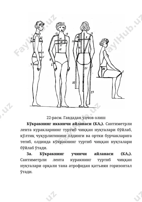 маъсулиятли босқичлари кийим деталларининг чизмаси ёйилмасини чизишдан иборат. бу босқичдан кўзланган асосий мақсад – деталларнинг шакли ва ўлчамини мумкин қадар аниқроқ белгилаш; шундай қилинса( кийимнинг деталлари йиғилгандан кейин ҳосил бўлган шакли рассом шаклига мос келади. бу ишнинг қийинлиги( мураккаблиги шундаки( фақат таърифи( эскизи ёки намунасигина берилган( лекин ўзи йўқ кийимнинг чизмасини – деталлари ёйилмасини чизишга тўғри келади. бунинг устига( кийимнинг сирти мураккаб( ёйиб бўлмайдиган сирт ҳисобланади; шунга кўра унинг ёйилмаси ва ҳисоби( яъни уни чизиш учун керак бўладиган маълумотларни ҳисоблаб чиқариш ва чизмани чизиш анча қийин. кийим деталларини ҳисоблаш ва чизма тайёрлашнинг қуйидаги мавжуд усулларидан фойдаланиш мумкин: 1. муляж усули. 2. ҳисоблаб лойиҳалаш усули. 3. ўлчаб-ҳисоблаб лойиҳалаш усули. 4. ягона лойиҳалаш усули. м у л я ж усулининг моҳияти шундан иборатки( манекен ёки киши гавдасига макет материал (газлама( енгил-юмшоқ коғоз ёки тўрканва) моделнинг формасига мослаб( тўғнағичлар билан қадаб чиқилади. тўғнағичлар одам гавдасининг конструктив чизиқлари бўйлаб (бўйин( елка( енг ўйиндиси( ён …
