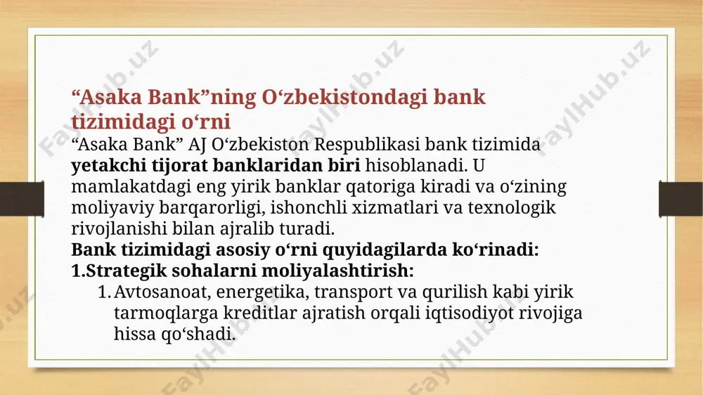moliya tashkilotlaridan biri hisoblanadi (ayniqsa “uzauto” bilan hamkorlik). ✅ yevropa va osiyo moliya institutlari bilan hamkorlik: bank chet el moliya institutlari bilan strategik kredit va investitsion loyihalarni amalga oshirgan (masalan, ebrd, adb, kfw). ✅ raqamli transformatsiya: so‘nggi yillarda raqamli bank xizmatlari (mobil ilova, internet-banking, kontaktless to‘lovlar) joriy qilinib, mijozlar uchun qulayliklar yaratildi. ✅ moliyaviy barqarorlik: bank doimiy ravishda o‘zbekistondagi eng ishonchli va yirik banklar ro‘yxatida yuqori o‘rinlarda qayd etilib kelmoqda. 2. kelajakdagi rejalar: “asaka bank” o‘z rivojlanish strategiyasini yangilab, kelgusi yillarga quyidagi asosiy rejalarni belgilagan: 📌 to‘liq raqamli bankka aylanish: bank xizmatlarining ko‘p qismini onlayn platformalar orqali ko‘rsatish, yangi mobil texnologiyalar va sun’iy intellekt asosida xizmatlar yaratish. 📌 kichik biznes va aholi uchun qulay xizmatlar: mikro va kichik biznes subyektlariga mo‘ljallangan kreditlar va dasturlarni kengaytirish. 📌 yashil moliya va ekologik loyihalar: bank “yashil energiya” va ekologik loyihalarni moliyalashtirishni maqsad qilgan (masalan, quyosh panellari, energiya samarador texnologiyalar). 📌 xalqaro moliya institutlari …