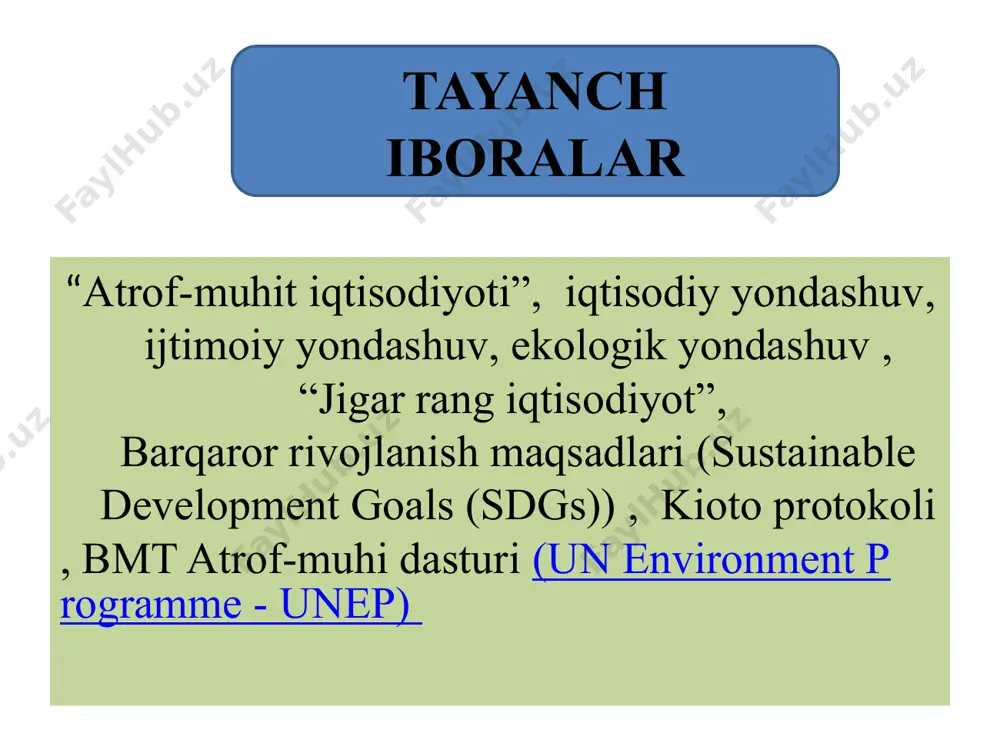 yat) so‘zlari orqali ifodalanishida kuzatish mumkin. “yashil iqtisodiyot” fani nazariy jihatdan xo‘jalik yuritish tizimini “yashillashtirish”ning umumiy strategiyasini ishlab chiqish va ustuvor yo‘nalishlarini belgilab berish bilan shug‘ullanadi. 1-chizma. yashil iqtisodiyotni boshqarish darajalari yashil iqtisodiyot nazariy g’oyaviy siyosiy iqtisodiy “yashil iqtisodiyot”ni nazariy asoslashdan keyin uning ahamiyatini iqtisodiy sub’ektlar o‘rtasida ommalashtirish zaruriyati paydo bo‘ladi. ushbu darajada yashil iqtisodiyotning bosh vazifasi jamiyatda ekologik toza ishlab chiqarishning zarurligi va ahamiyati to‘g‘risida dunyoqarashni uyg‘otish hisoblanadi. “yashil iqtisodiyot”ga o‘tish nazariy va g‘oyaviy jihatdan asoslangandan keyin, uning huquqiy asoslarini shakllantirish va sohaga oid tegishli qonunchilikni ishlab chiqish zaruriyati paydo bo‘ladi. “yashil iqtisodiyot”ni rivojlantirishga oid qonunchilik iqtisodiyotni “yashillashtirish”ga ko‘maklashishi bilan bir vaqtda barcha xo‘jalik sub’ektlari manfaatlariga mos kelishi zarur. iqtisodiy darajada “yashil iqtisodiyot”ni boshqarish jarayonlarining natijalariga baho beriladi. xo‘jalik yuritish va atrof-muhit muhit o‘rtasidagi o‘zaro bog‘liqlik; iqtisodiy faoliyat tufayli uzoq istiqbolda atrof-muhitga etkaziladigan zararni minimallashtirish, ekologik va ijtimoiy omillarni qamrab oluvchi iqtisodiy tizimlarni boshqarish usullari; xo‘jalik yuritish faoliyati va …