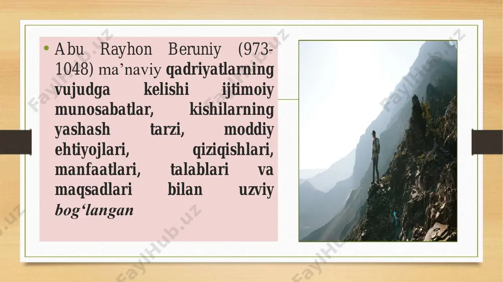 ol keladur. bu savolga, birinchi uy tarbiyasi. bu ona vazifasidir. bir kishi deyurki, qaysi onalarni aytursuz, bilimsiz boshi paqmoq, qo‘li to‘qmoq onalarnimi? • o‘zlarida yo‘q tarbiyani qaydan olib berurlar” der. mana bu so‘z kishini yuragini ezar, bag‘rini yondurar. otasiga nima dersiz, desak, “qaysi ota? to‘ychi, uloqchi, bazmchi, do‘mbirachi, karnaychi, surnaychi, ilm qadrini bilmagan, ilm uchun bir pulni ko‘zlari qiymagan, zamondan xabarsiz otalarni aytursizmi? avval o‘zlarini o‘qitmoq, tarbiya qilmoq lozimdur”, - der. mana bu so‘zni eshitgach umid qo‘llari qo‘ltiqqa urilur. • yusuf xos hojib (“qutadg‘u bilig” asari)ning uqtirishicha, har bir kishi jamiyatga munosib bo‘lib kamol topmog‘i kerak. buning uchun u tug‘ilgan kunidan boshlab zarur tarbiyani olmog‘i lozim. • “ayol kishini to‘rt xislati uchun nikohga olinadi: moli uchun; hasabi (ota— bobolarining obro‘si va maqtovga loyiq xislatlari) uchun; jamoli uchun; dini uchun. sen dindorini tanlagin, qo‘ling qurigur” • “dunyoning bor-budi foydalanadigan matohlardir. dunyo matohlari ichida eng yaxshisi soliha ayoldir” • “agar sizlarga dini …