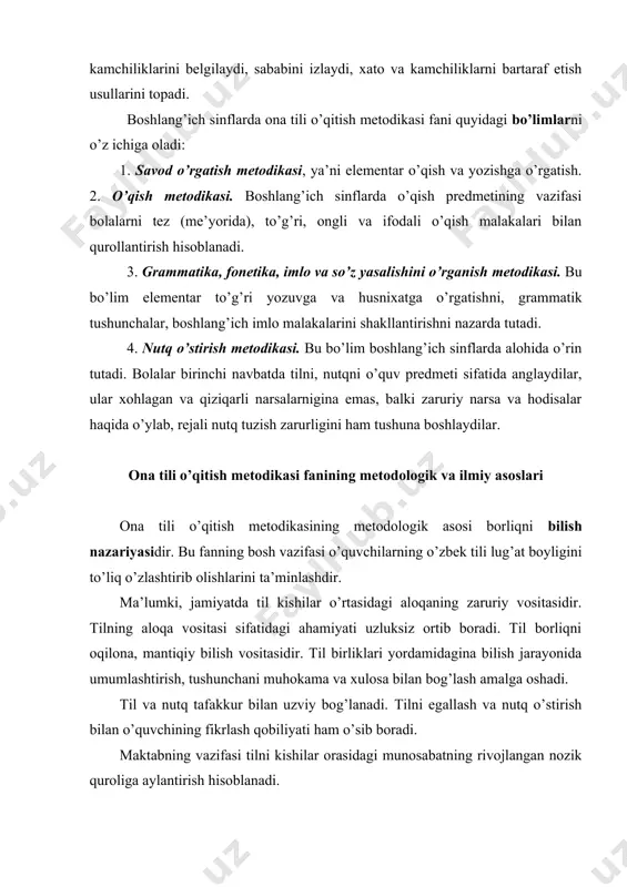 sifatida ona tili o’qitish metodikasi boshlang’ich ta’lim standarti belgilab bergan vazifalarni amalga oshiradi, ya’ni tafakkur qilish faoliyatlarini kengaytirish, erkin fikrlay olish, o’z fikrini og’zaki va yozma ravishda ravon bayon qila olish, jamiyat a’zolari bilan erkin muloqotda bo’la olish ko’nikma va malakalarini rivojlantirishga oid metod va usullarni ishlab chiqadi. bilish nazariyasiga ko’ra analitik-sintetik ishlar yordamida til ustida kuzatishdan umumiy xulosa chiqarishga, nazariy ta’rif va qoidaga, shular asosida yana og’zaki va yozma tarzdagi nutqiy aloqaga, to’g’ri yozuv va to’g’ri talaffuzga o’tiladi. o’quvchilar jonli nutqiy aloqaga to’g’ri talaffuz va to’g’ri yozuvni elementar nazariy ma’lumotlar asosida amaliy egallash orqali kirishadilar. ular til materiallarini kuzatish, tahlil qilish orqali elementar nazariy qoidalar chiqaradilar, o’rgangan va o’zlashtirilgan nazariy qoidalarni amaliyotga ongli ravishda tatbiq etadilar. maktabda ona tili o’qitish metodikasining bunday yo’nalishi haqiqatni bilish qonuniyatlariga ham, hozirgi zamon didaktikasi vazifalariga ham mos keladi. ta’lim sohasidagi davlat siyosatining asosiy tamoyillari belgilab berildi:  ta’lim va tarbiyaning insonparvar, demokratik xarakterda …