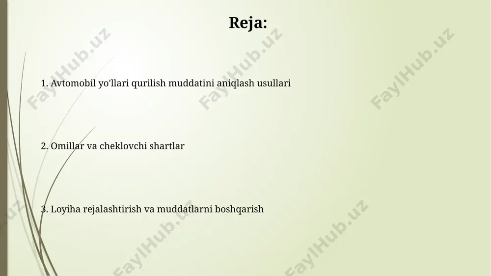 yo'llarining qurilish muddatini aniqlashda, loyihaning murakkabligi va hajmi (masalan, 10 km yoki 100 km) bilan birga, mavsumiy omillar ham hisobga olinadi, bu qurilishni 30% gacha uzaytirishi mumkin. e'tiboringiz uchun rahmat @taqdimot_robot image1.jpg image2.jpg image3.jpg image4.jpg image5.jpg