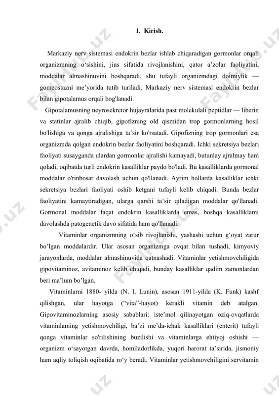 r hayotga (“vita”-hayot) kerakli vitamin deb atalgan. gipovitaminozlarning asosiy sabablari: iste’mol qilinayotgan oziq-ovqatlarda vitaminlaming yetishmovchiligi, ba’zi me’da-ichak kasalliklari (enterit) tufayli qonga vitaminlar so'rilishining buzilishi va vitaminlarga ehtiyoj oshishi — organizm o‘sayotgan davrda, homiladorlikda, yuqori harorat ta’sirida, jismoniy ham aqliy toliqish oqibatida ro‘y beradi. vitaminlar yetishmovchiligini servitamin oziq-ovqatlami tanovul qilib yurish bilan qoplash mumkin, lekin vitaminlaming qonga so'rilishi buzilganda servitamin ovqatlar ham yordam bermaydi, bunda vitaminlar modda sifatida o'rinbosar davolash uchun tibbiyotda qo'llanadi. vitamin b moddalari organizmda ichakning tabiiy mikroflorasidan ham hosil bo'ladi. vitaminlar, ayniqsa, bolalar amaliyotida keng qo'llanadi. vaqtidan oldin tug'ilgan chaqaloqlar organizmida vitamin a, d, e yetarli miqdorda bo'lmaydi, chunki ular homiladorlikning oxirgi oylaridagina jigarda to'plana boshlaydi. chaqaloqlarga ona suti yetmaganda, ularga qo'shimcha ovqat, sut mahsulotlari berilganda vitaminlar ham tavsiya qilish lozim, chunki ovqat qaynatib pishiriladi, saqlaniladi, tarkibidagi vitaminlaming miqdori kamayib boradi. bolalar yuqumli kasalliklarga ko'p chalinadi, shunda mikroorganizmlarga qarshi antibiotiklar, sulfanilamid moddalar qo'llanganda, ular ichakning tabiiy mikroflorasini ham …