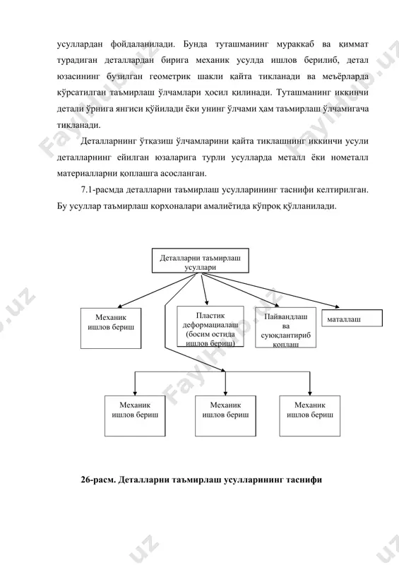 аник ишлов бериш механик ишлов бериш механик ишлов бериш 26-расм. деталларни таъмирлаш усулларининг таснифи 2. деталларни механик ишлов бериш йўли билан таъмирлаш деталларни механик ишлов бериш билан тиклашга таъмирлаш ўлчамлари, қўшимча таъмирлаш элементлари, детал қисмларини алмаштириш усуллари киради. таъмирлаш ўлчамлари (тў) усули. деталларни тў бўйича қайта тиклашнинг моҳияти шундан иборатки, бирикувчи деталлардан бирига таъмирлаш ўлчами бўйича механик ишлов беришдан, бирикувчи иккинчи детални эса янгисига ёки маълум таъмирлаш ўлчами бўйича тиклангани билан алмаштиришдан иборат. таъмирлаш ўлчамлари сони ва қиймати аввалдан белгиланганлиги ҳисобга олинса, ўзаро бирикувчи икки детални бир –бирига боғлиқ бўлмаган ҳолда ясаш мумкин. вал бўйинлари ва деталларнинг тешиклари учун таъмирлаш ўлчамлари қиймати ҳамда сони қандай аниқланишини кўриб чиқамиз. вал бўйинлари учун таъмирлаш ўлчамларининг қийматлари ва сонини аниқлаш. ишлатилгунга қадар валнинг номинал диаметри dн га тенг бўлсин, ейилиш натижасида валнинг бўйинлари кичиклашиб, dе га тенг бўлиб қолсин. валнинг нотекис ейилиши натижасида ейилишининг максимал қиймати δmax, минимал қиймати эса δmin, бўлсин. вал …