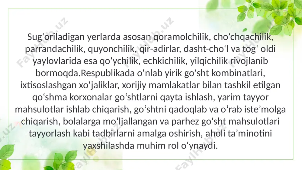 i. shuningdek, go‘shtda kalsiy, magniy, temir, mis, rux va boshqa elementlar ham borligi aniqlangan. fermentlar tirik hayvonlar organizmida moddalarning sintez bo‘lishi va parchalanishida katta ahamiyatga ega bo‘lsa, so‘yilgan hayvonlar go‘shtlarida esa moddalarning parchalanish jarayonlarida muhim rol o‘ynaydi. go‘shtlar tarkibida oqsil, yog‘, uglevodlarni parchalaydigan fermentlar bilan bir qatorda, oksidlovchi- qaytaruvchi fermentlar ham mavjuddir. bu fermentlarning ba’zilari esa go‘shtning yetilishida ishtirok etadi. go‘shtda suv miqdori 48-78% ni tashkil etadi. go‘shtlarda suv miqdori ularning yog‘liligi bilan teskari bog‘lanishda bo‘ladi. muskul to‘qimalari-bu go‘shtdagi asosiy to‘qima hisoblanib, mol tanasining 50-75% ini tashkil qiladi. go‘shtning muskul to‘qimasi urchuqsimon tolalar va to‘qimalar orasiga kiruvchi moddalardan tashkil topgan .muskul to‘qimasi ozuqaviy qiymati bo‘yicha eng qimmatli to‘qima hisoblanadi. go‘sht tarkibi. uglevod oqsillar vitaminlar. yog‘lar. ferment. mineral moddalar. miozin aktin glikogen aminokislota aminokislota glukoza rr. v,e oqsil aminokislota test. 1.go‘sht tarkibida suv necha foiz? a.25-30%; b.40-45%; c.18-28% ; d. 48-78% 2.go‘sht tarkibida uchrovchi uglevod qaysi ? a.pektin; b. glikogen; c. …
