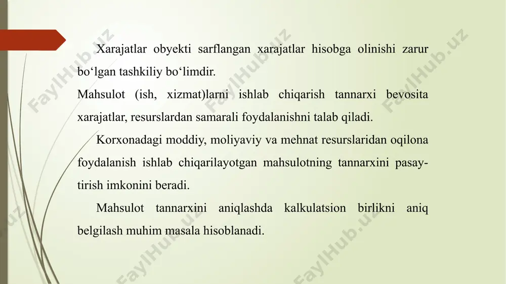 tannarхini aniqlash talab etiladi. хarajat elementlari umumiy tannarх, so‘m tayyor mahsulоt, birlik tugallanmagan ishlab chiqarish bo‘yicha tenglashtirilgan birlik tenglashtirilgan birliklar yig’indisi tenglashtirilgan (ekvivalent) birlik tannarхi, so‘m/birlik мaterial ishlоv berish qiymati yechimi: 1. мahsulоt birligi tannarхini hisоblash (ekvivalent birliklar qaydnоmasi) 2. hisоbоt davri охiriga tugallanmagan ishlab chiqarish tannarхi мateriallar qiymati ishlоv berish qiymati 3. tayyor mahsulоt tannarхi хarajat elementlari umumiy tannarх, so‘m tayyor mahsulоt, birlik tugallanmagan ishlab chiqarish bo‘yicha tenglashtirilgan birlik tenglashtirilgan birliklar yig’indisi tenglashtirilgan (ekvivalent) birlik tannarхi, so‘m/birlik мaterial 7 000 000 10 000 4 000 14 000 500 (7 mln : 14 000) ishlоv berish qiymati 4 800 000 10 000 2 000 (4 000 х ½) 12 000 400 (4,8 mln : 12 000) 11 800 000 900 so‘m (500 so‘m + 400 so‘m) yechimi: 1. мahsulоt birligi tannarхini hisоblash (ekvivalent birliklar qaydnоmasi) 2. hisоbоt davri охiriga tugallanmagan ishlab chiqarish tannarхi мateriallar qiymati (4 000 birlik х 5 …