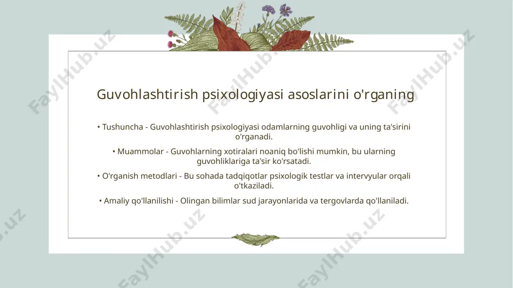 muloqot turlari - guvohlar og'zaki va yozma shaklda fikrlarini ifoda etadilar. ularning muloqot usullari holatga qarab farq qilishi mumkin. guvohlarning haqiqatni anglash jarayoni • guvohlar va ularning roli - guvohlar, voqealarni ko'rgan shaxslar sifatida, haqiqatni aniqlash jarayonida muhim rol o'ynaydilar. ularning guvohliklari tergov asoslarini shakllantiradi. • guvohlar xotirasining ahamiyati - guvohlarning xotiralari voqealar haqidagi ma'lumotlarni taqdim etadi. xotira aniqligi haqiqatni anglashda muhimdir. • tahlil va yodlash - tahlil qilish va yodlash guvohlarning voqea haqidagi tushunchalarini oshiradi. ushbu jarayonlarda noaniqliklar paydo bo'lishi mumkin. • haqiqatni qayta tiklash - guvohlarning har birining anglash jarayoni, haqiqatni qayta tiklashga yordam beradi. ular ko'pincha shaxsiy tajribalarga asoslangan. guvohlarning fikrlarini tahlil qilish • guvohlarning roli - guvohlar sud jarayonida muhim axborot manbai hisoblanadi. ular voqea haqidagi ma'lumotlarni taqdim etish orqali holatni tushunishga yordam beradi. • tahlil jarayoni - guvohlarning fikrlarini tahlil qilish ularning ishonchliligi va aniqligini baholaydi. tahlil qilish jarayonida guvohlarning xotirasi tadqiq qilinadi. guvohlarning shaxsiy …