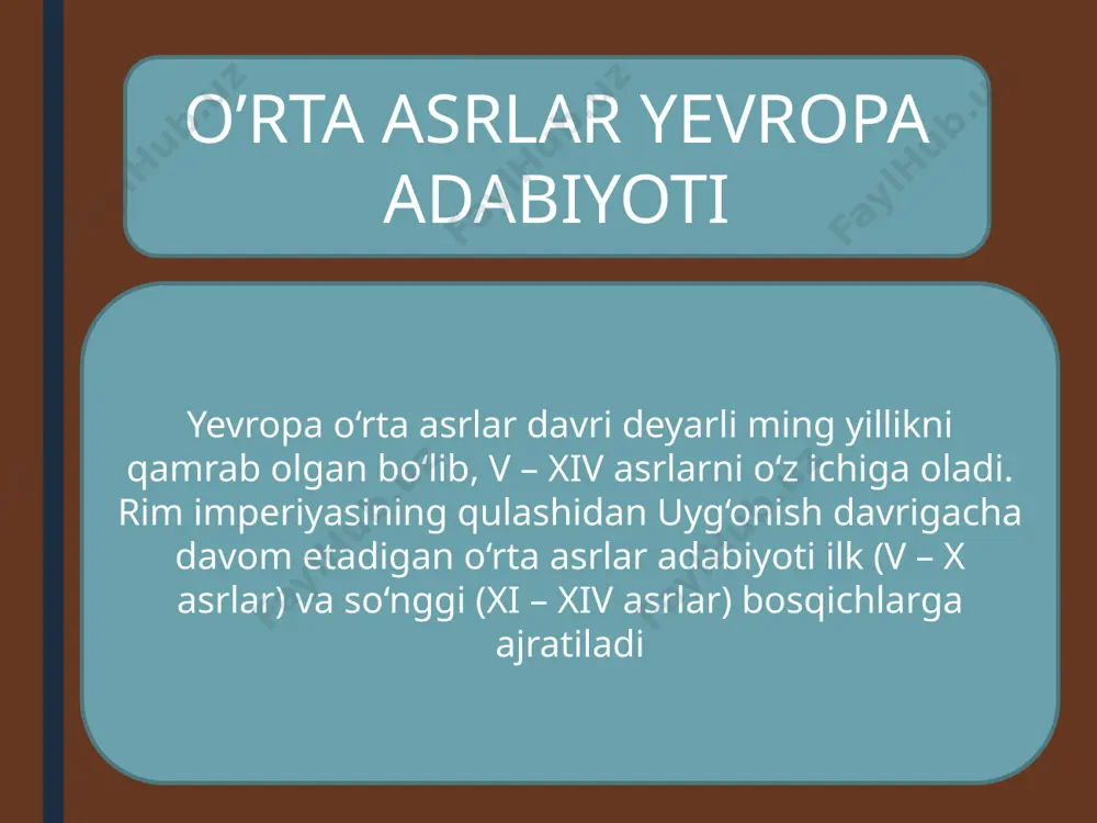 diad bilan jangi”, “kuxulinning xastaligi”, “kuxulinning o‘limi” qahramonlik eposi bilan bir qatorda maishiy, sarguzasht, fantastik mavzularda ham qissalar yaratildi: “beyli haqida qissa”, “etaynga muhabbat”, “febelning o‘g‘li branning suz xi-xii asrlarda angliya hududini hozirgi fransuzlarning ajdodlari hisoblanmish normannlar bosib oldi. begona til va madaniyatning suqilib kirishi tufayli yuz bergan murakkab vaziyatlar oqibatida bu davrda ingliz adabiyoti uch tilda yaratila boshlandi: diniy adabiyotlar – lotin tilida, qadimiy solnomalar, rivoyatlar, qadim o‘tmish voqealari – ingliz tilida, she’r va dostonlar – fransuz tilida (ularning ko‘pchilik qismi bizgacha yetib kelgan). angliya hududi normannlar istibdodidan qutilganidan so‘ng mamlakatda yagona milliy til – ingliz tili vujudga keldi (xiv asr). “beovulf” dostonining qo‘lyozmasi x asrga doir bo‘lib, u ingliz tiliga asos bo‘lgan anglosakson tilida yozilgan. “beovulf” dostoni o‘rta asrlar ilk davrining bizgacha yetib kelgan eng birinchi namunasi hisoblanadi. doston britaniya orollariga ko‘chib o‘tgan majusiy angl va sakslarning rivoyatlari negizida paydo bo‘ldi. doston aynan mana shu og‘zaki rivoyatlar negizida …
