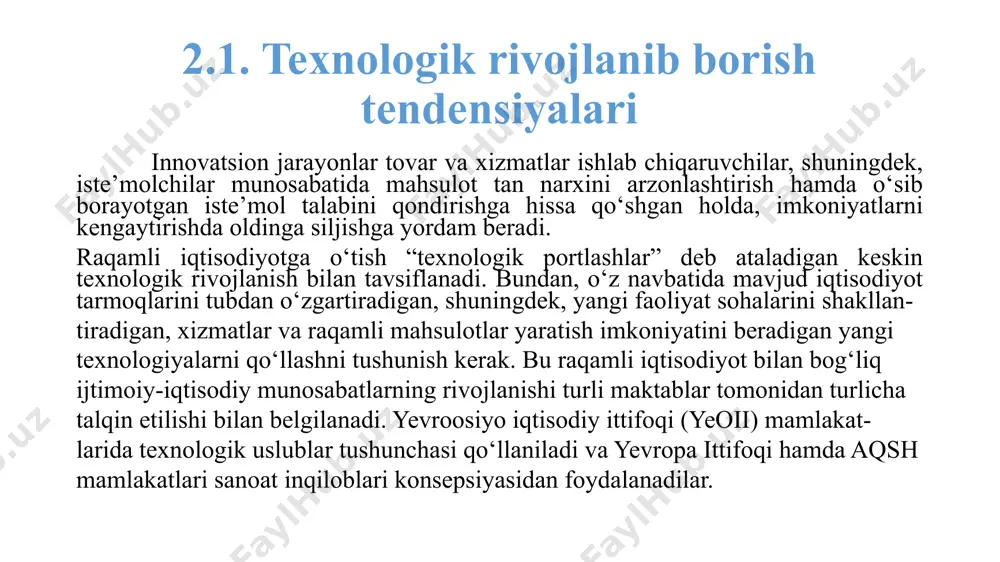 yo‘lidan boradi, chunki yuqorida aytib o‘tilgan texnologik tuzilmalarning har biri turli bosqichlardan o‘tgan va umumiy iqtisodiy o‘sishga sezilarli ta’sir ko‘rsatgan to'rt sanoat inqilobi 1770-1860 birinchi sanoat inqilobi bug 'va yigirish fabrikalari davri bug' mashinasi, yigiruv va to'qish mashinalari, metallurgiya, torna 1860-1900 ikkinchi sanoat inqilobi telegraf, temir yo'llar, dvigatellar po'lat va ishlab chiqarish liniyalari davri ichki yonish, konveyer 1900-2010 uchinchi sanoat inqilobi 2010-2060 to’rtinchi sanoat inqilobi nbic texnologiyalari, gen muhandisligi, 3d printerlar, qayta tiklanadigan energiya, dronlar, narsalar interneti kompyuterlar davri kompyuterlar, elektronika, yadro energiya, robotlar bugungi kunda dunyo bizning ko'z o'ngimizda jadal ravishda o'zgarmoqda. kundan kunga paydo bo`layotgan yangi texnologiyalar hayot, e'tiqod va qadriyatlarni tobora o'zgartirmoqda. va shu tufayli dunyo to'rtinchi sanoat inqilobini boshdan kechirmoqda. sanoat 4.0 atamasi 2011 yilda dastlab gannoverdagi ko'rgazmada tilga olingan. “yigirma birinchi asr mashinalari" degan muqobil tushuncha mavjud. u massachusets texnologiya universitetining professorlari tomonidan qo'llaniladi. to’rtinchi sanoat inqilobining paydo bo’lishi inqilobiy o’zgarishlar ,dastavval, texnologiya sohasida namoyon …