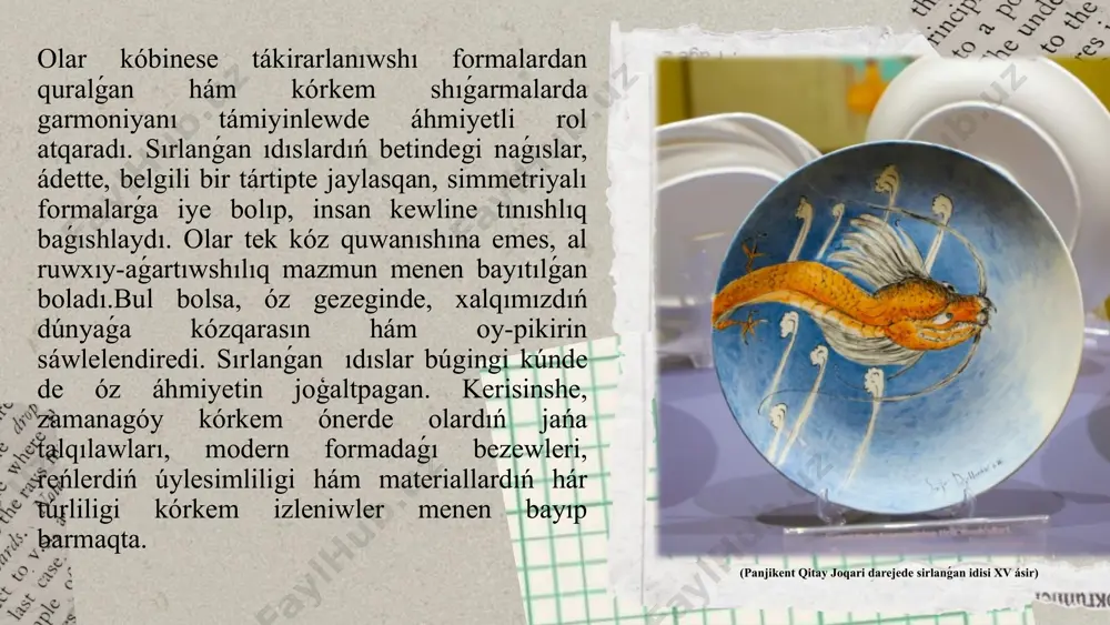 ziniń geografiyalıq jaylasıwı sebepli kóplegen mádeniy hám sawda jollarınıń kesilispesinde bolgan. sonıń ushın bul aymaqlardaǵı sırlanǵan ıdıslardıń bezewlerinde túrli xalıqlardıń mádeniy tásiri sezilip turadı. ásirese, termizde jaratılǵan ıdıslarda buddizm, zardushtiylik hám islam dininiń belgileri úylesken halda ushırasadı. shahrisabz hám qarshi ornamentlerinde bolsa ózbek xalqının dástúrlik naģis usılları, máselen, dolana, badam, islimi naģısları óz kórinisin tapqan. sırlanǵan idislar bezewleriniń rawajlanıwına orta ásirlerde kárwan jolları, sawda baylanısları, ilim hám mádeniyattıń rawajlanıwı da kúshli tásir kórsetken. hár bir qala óz ustaxanasına iye bolgan hám ol jerde tek gana ıdıslar emes, al basqa ámeliy kórkem óner túrleri de jaratılǵan. photo by anjali mehta on unsplash haywanat naǵısları sırlanǵan ıdıslarda kemirek ushırassa da, olar da óziniń ayrıqsha áhmiyetine iye. bul usılda hár túrli haywanlardıń formaları, olardıń detalları, háreketleri súwretlenedi. geyde haywanlar simvolikalıq mániske iye bolıp, olar kúsh, mártlik, danishpanlıq yamasa basqa pazıyletlerdi anlatadı. máselen, arıslan kúsh hám mártlik tımsalı sıpatında qollanıladı. haywanat naǵısları kóbinese ósimlik …