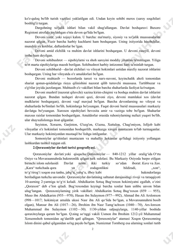 di. 886 yilda nasr va ismoil o'rtasida jang bo'lib, ismoil yengiladi. lekin ikki yildan so'ng bo'lib o'tgan keyingi to'qnashuvda ismoil g'alaba qozonadi va 892 yilgacha, ya'ni akasining vafotigacha rasmiy ravishda somoniylar hukmdori sifatida e'lon qilinmaydi. ismoil taxtga o'tirgach, mamlakatda harbiy, davlat boshqaruvi sohalarida islohotlar o'tkaziladi. ismoil somoniy 900 yilda buxoro yaqinida safforiylar qo'shinini mag'lubiyatga uchratadi va xuroson ham somoniylar davlati tarkibiga kiradi. somoniylar davlati ikki ulkan mamlakatni — movarounnahr va xurosonni o'z ichiga olgan. movarounnahrga amudaryo shimolidagi yerlar kirgan. shulardan buxoro, samarqand sug'di istaravshan, choch, iloq, farg'ona, kesh, nasaf viloyatlari siyosiy va madaniy, iqtisodiy jihatdan taraqqiy etgan edi. daryolarning yuqori oqimi viloyatlaridan chag'oniyon, xuttalon, qubodiyon, ahorun, shumon, vashgird, rasht, kumed, badaxshon, karon, shikinon, vaxon, ro'shon qisman somoniylarga tobe' edilar. xuroson amudaryoning janubida joylashgan balx, g'uzg'onon, garjiston, marv, hirot viloyatlarini o'z ichiga olgan. somoniylar xalifalikdagidek hukmronlik tizimini o'matdilar. davlat tepasida amir turgan. amirlikning ma'muriy tizimi quyidagicha bo'lgan: dargoh (amir saroyi) va …