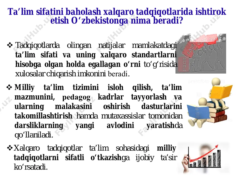 icha ta’lim sifati ko‘rsatkichlarini aniqlash mezonlarini ishlab chiqish xalqaro konsorsium, o‘qituvchilar assosiatsiyasi, mamlakat-lararo hamkorlikni yo‘lga qo‘yish anketa savollariga yozilgan javoblarni tahlil etish, ta’lim sifati ko‘rsatkichlariga bevosita ta’sir ko‘rsatadigan omillarni aniqlash, foydalanilmayotgan resurslarni belgilash, ular yuzasidan taqdimot, ko‘rsatma va hisobotlar tayyorlash o’qituvchining kasbiy tayyorgarligini takomillashtirish pedagogika mutaxassisligi uchun iqtidorli yoshlarni tanlash uzluksiz malaka oshirish jarayonini takomillash- tirish moderator o’qituvchilarni tanlash pedagogning ijtimoiy mavqeini oshirish mean mathematics performance, by school location, after accounting for socio- economic status1313 talis ning vazifalari pisa- programme for international student assesment pisa – o‘quvchilarning ta’limiy yutuqlarini baholash bo‘yicha xalqaro dastur pisa (inglizcha - programme for international student assessment) – turli davlatlarda 15 yoshli o‘quvchilarning savodxonligini (o‘qish, matematika, tabiiy fanlar) hamda bilimlarini amaliyotda qo‘llash qobiliyatini baholovchi dastur. bu dastur 3 yilda bir marotaba o‘tkaziladi. dastlab 1997-yilda ishlab chiqilgan va 2000-yilda birinchi marta qo‘llanilgan. pisa bo‘yicha bahoning 50 ballga oshishi har yillik yalpi ichki mahsulot (yaim) ning 1% ga …