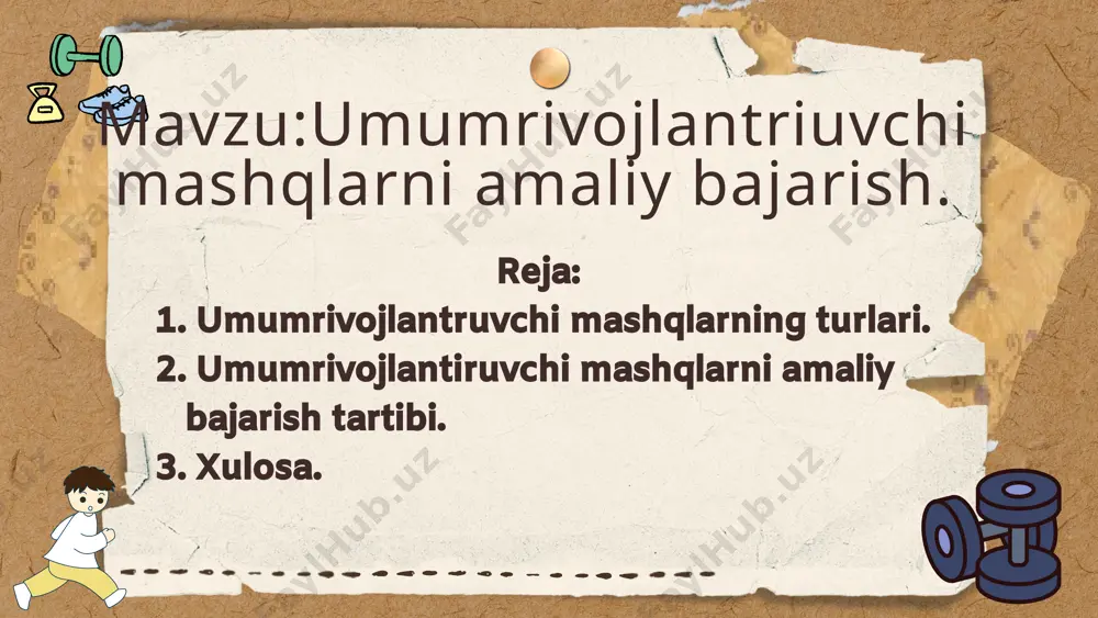 ning birinchi guruhi yelka kamari va qo‘l muskullarini rivojlantirish va mustahkamlashga qaratilgandir. ular ko‘krak qafasining nafas olish ko‘lamani kengaytirish va oshitrishga yordam beradi: diafragmani qovurg‘alararo muskullarni butun nafasolish muskulaturasini mustahkamlaydi, chuqur nafas olishga imkon beradi, orqa muskullarni mustahkamlaydi, umurtqani rostlaydi, yurak muskullarini mustahkamlashga yordam beradi, yurakqisqarishlari ritmini optimallashtiradi. mashqlarning ikkinchi guruhi gavda, orqa muskullarini rivojlantirish va mustahkamlashga qaratilgandir. bu mashqlar qaddi-qomatning to‘g‘ri shakllanishiga ta’sir qiladi va gavdani oldingava yon tomonlarga engashtirishda, o‘ngga, chapga burilishda, shuningdek, aylanishda umurtqaning egiluvchanligini rivojlantirishga yordam beradi. so‘nggi mashqning asosiy vazi- fasi o‘tirganda oyoqni chalishtirib, chordana qurib o‘tirib yoki oyoqlarni kerib o‘tirib (harakatsiz holat) gavdani aylantirayotganda tos holatini mustahkamlashdan iboratdir. umumrivojlantirivchi mashq guruhlari 3-guruh mashqlarning uchinchi guruhi oyoq va qorin muskullarini rivojlantirish va mustahkamlashga mo‘ljallangandir. ular ichki organlarni intensiv harakatlar (sakrashlar, sakrab tushishlar vahokazo) paytida chayqalishdan saqlaydigan qorin muskullarini mustahkamlashga yordamberadi, shuningdek, vena qon tomirlarida qon yurishmay qolishining oldini oladi (tizzaga shapatilash, yarim cho‘qqayish, cho‘qqayish va …