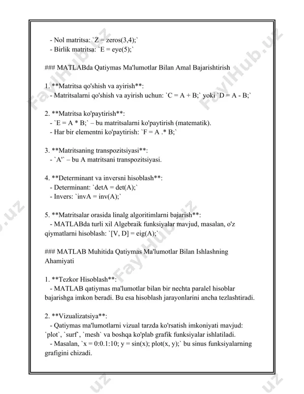 'llanilish imkoniyatlarini beradi. misol uchun, muhandislikda, avtomatlashtirish va boshqaruv muammolarida, bioinformatikada, tibbiyotda diagnostikalarni amalga oshirishda, moliyaviy sohada qarorlar qabul qilishda va boshqa ko'plab sohalarda qatiymas tizimlar qo'llaniladi. ushbu vosita insoniy muhandislik tajribasini matematik modellar bilan birlashtirish imkonini taqdim etadi. fuzzy logic toolbox matlab muhitida interfeyslar va vositalar to'plamini taqdim etadi, ular yordamida foydalanuvchilar grafik tarzda tizimlarini yaratishi, tahrir qilishi va sinovdan o'tkazishi mumkin. bu esa dasturlashtirishning yig'ilish qiyinliklarini kamaytirishga yordam beradi va foydalanuvchilarga samarali ish jarayonini taqdim etadi. matlab muhitida fuzzy logic tizimlarining simulyatsiyasini o'tkazish, qator murakkab tizimlar modelini tahlil qilish uchun potensial katta imkoniyatlar taqdim etadi. shunday qilib, fuzzy logic toolbox qatiymas axborotlarni protsess qilish uchun qulay va samarador vosita hisoblanadi, u murakkab tizimlarni aniqlash va boshqarishda ahamiyatli rolni o'ynaydi. 3. matlab'da qatiymas ma'lumotlar uchun bulanlik ifodalash usullari matlab'da qattiymas ma'lumotlar uchun bulanlik ifodalash usullari juda muhim mavzulardan biri hisoblanadi. bulanik ifodalash usullari qattiymas (aniq chegaralarga ega bo'lmagan) ma'lumotlar …